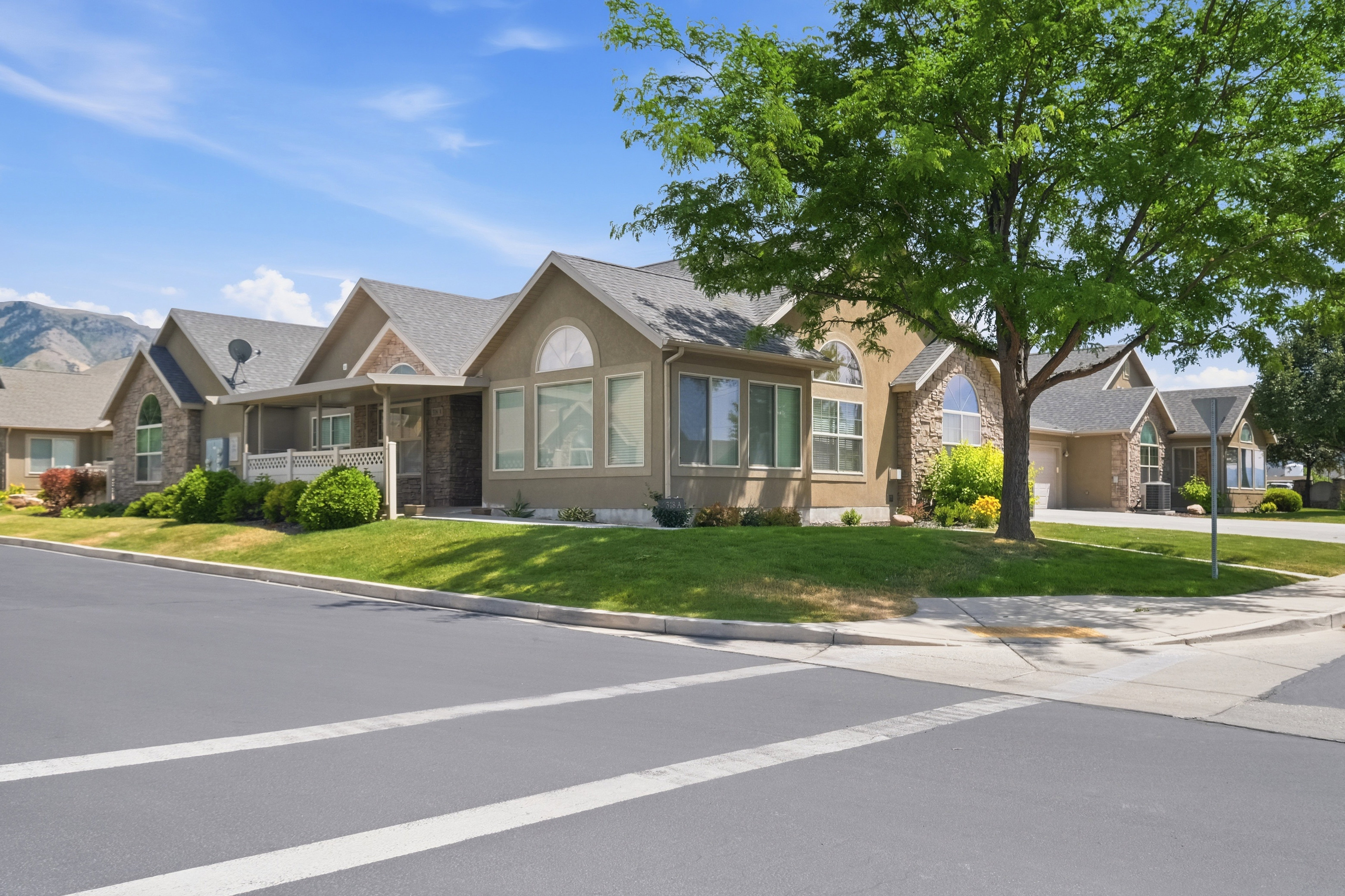 Single-story residence featuring stucco and stone exterior, a mature front yard tree, arched window details, and an attached garage