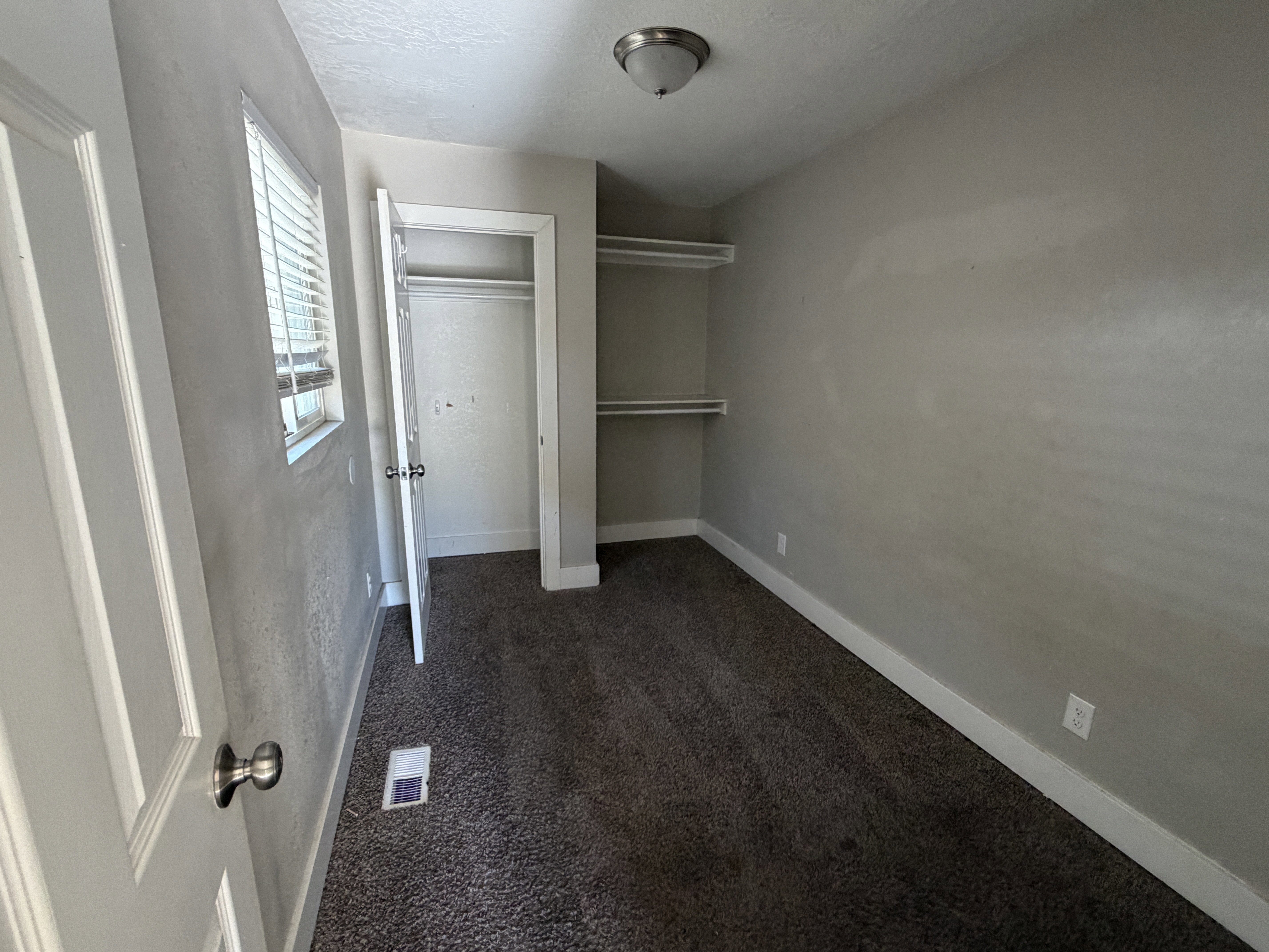 Carpeted room with a ceiling-mounted light fixture