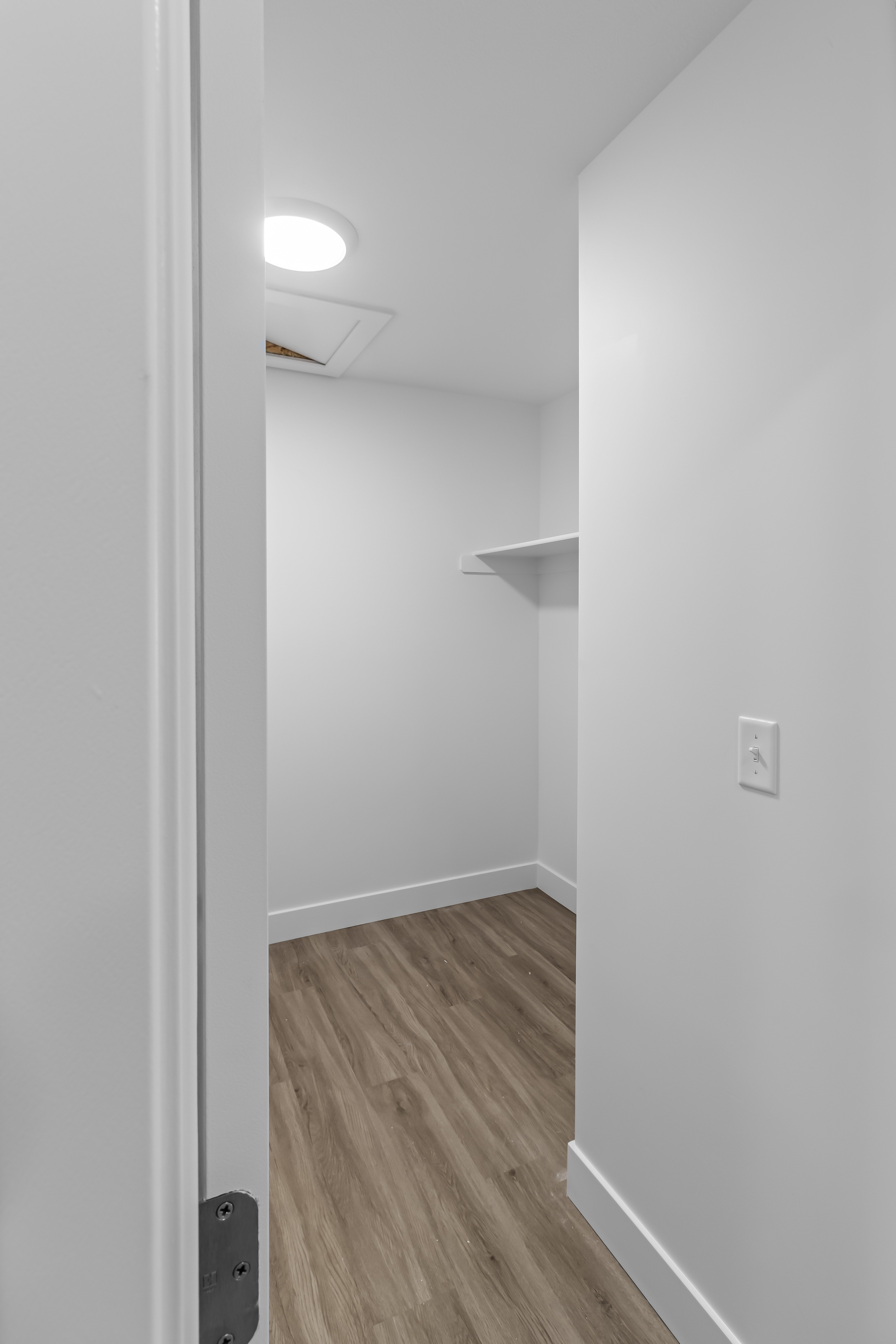 Walk-in closet with wood-finish flooring, white walls, and a single wall-mounted shelf