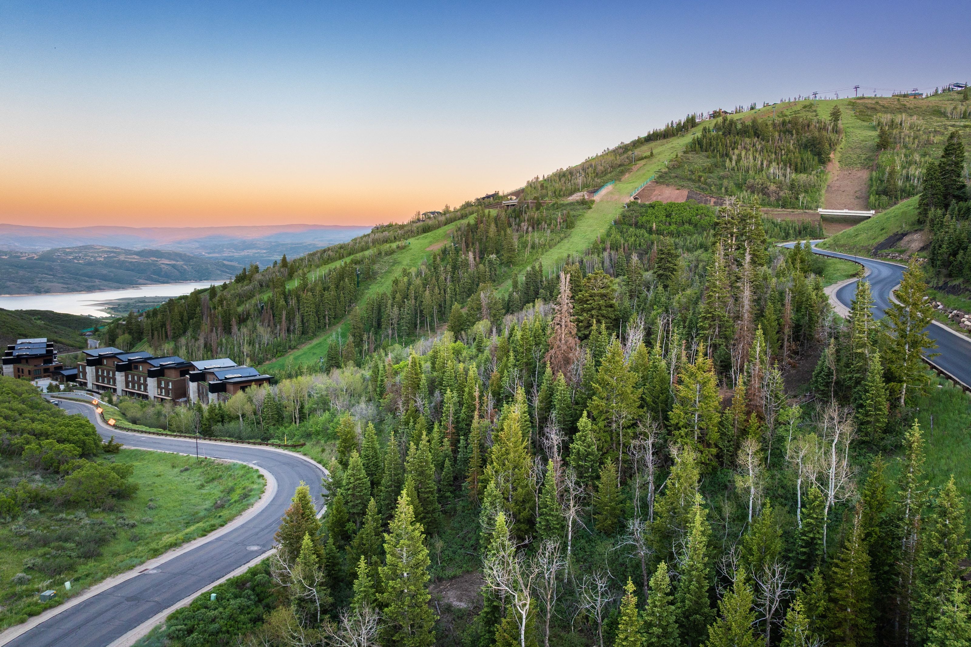 Mountain landscape featuring mature evergreen trees, a winding paved road, and a cluster of multi-story buildings with dark roofs and light-toned siding