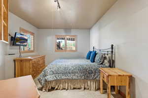 Spacious room featuring light-toned walls, track lighting, and two windows with wood-finish shutters