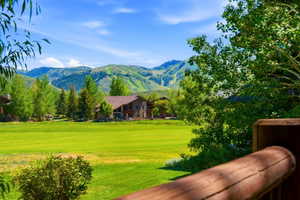 Expansive green landscape with distant mountain ranges