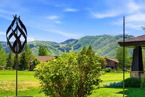 Expansive green lawn with mature landscaping and distant mountain backdrop