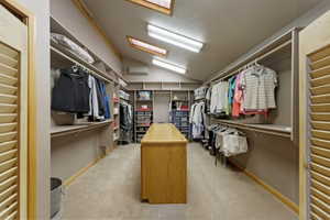 Expansive walk-in closet featuring sloped ceilings, multiple skylights, and fluorescent lighting