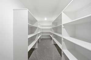 Expansive walk-in pantry featuring abundant white shelving, recessed ceiling lighting, and dark gray carpet flooring