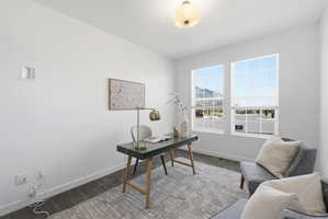 Bright room featuring two large windows, white walls, dark gray carpet flooring, and a flush mount ceiling light fixture