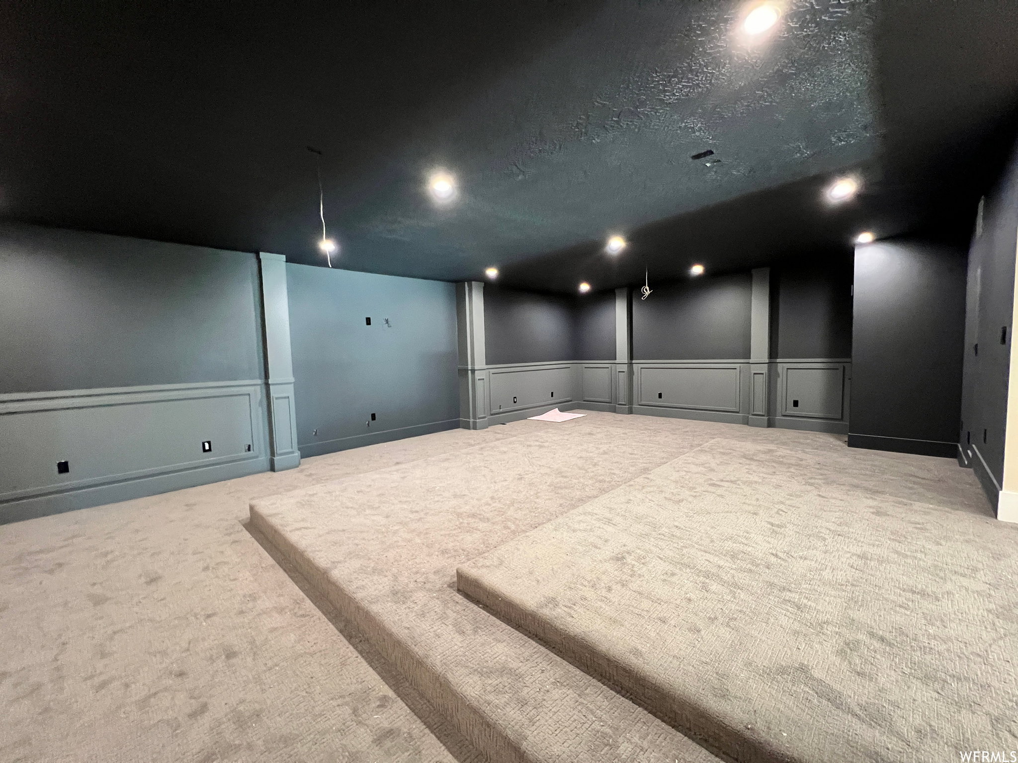 Tiered carpeting in a spacious room with dark paneled wainscoting