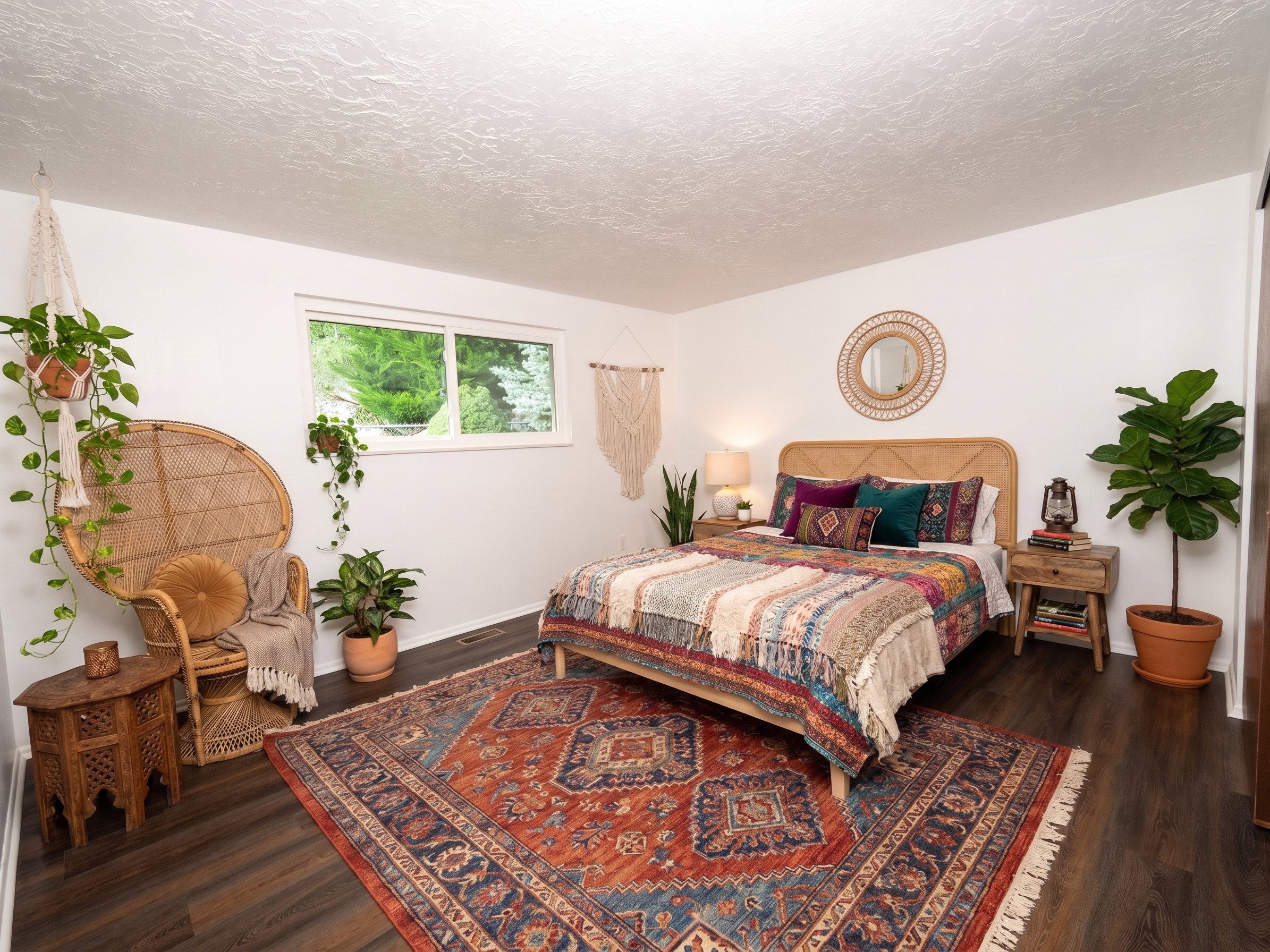 Bedroom featuring wood-finish flooring, a contemporary window, and white walls**Photo includes AI virtual staging for illustrative purposes.