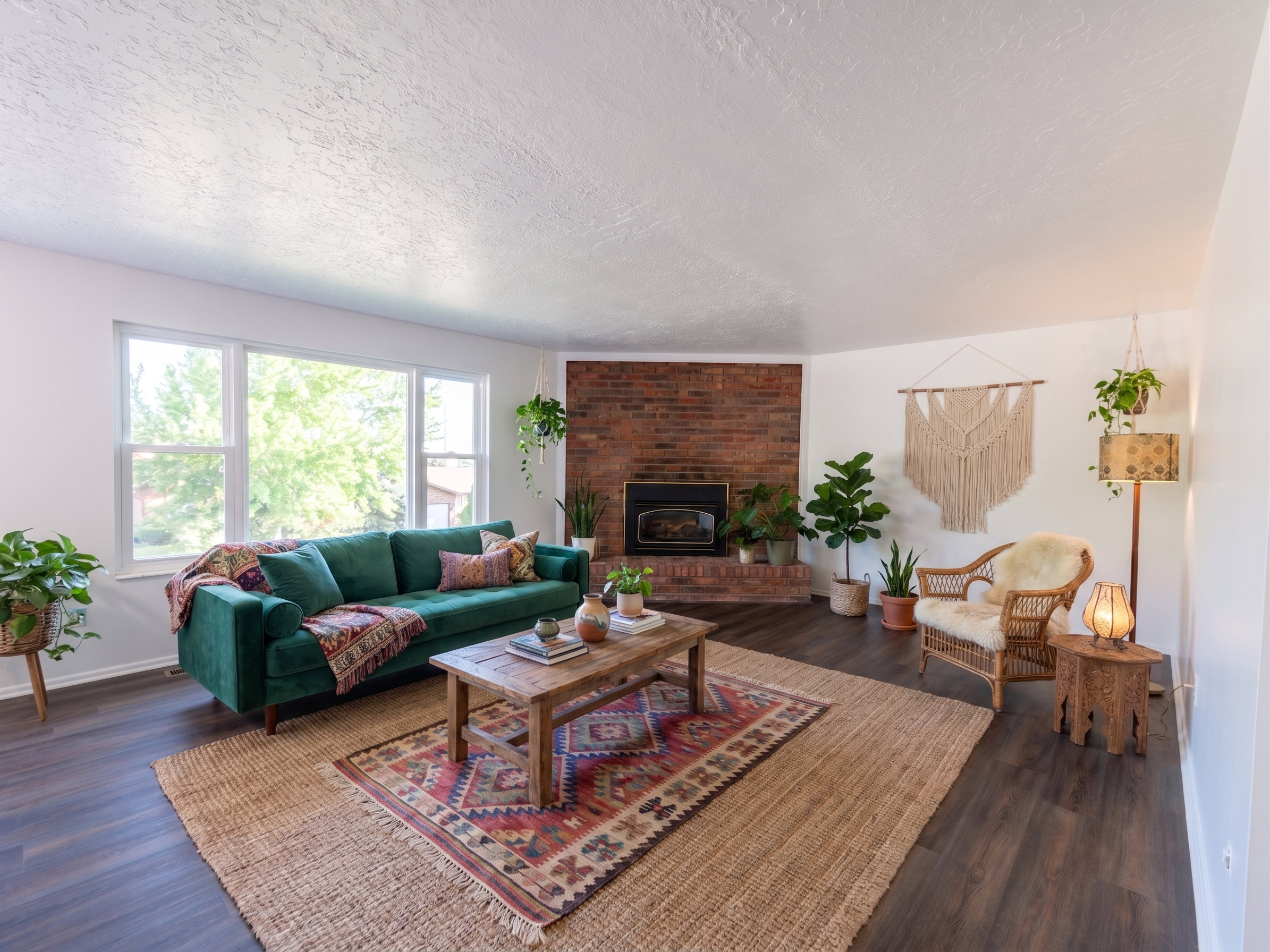 Spacious living area featuring dark wood-finish flooring and a red brick fireplace with a black insert **Photo includes AI virtual staging for illustrative purposes.