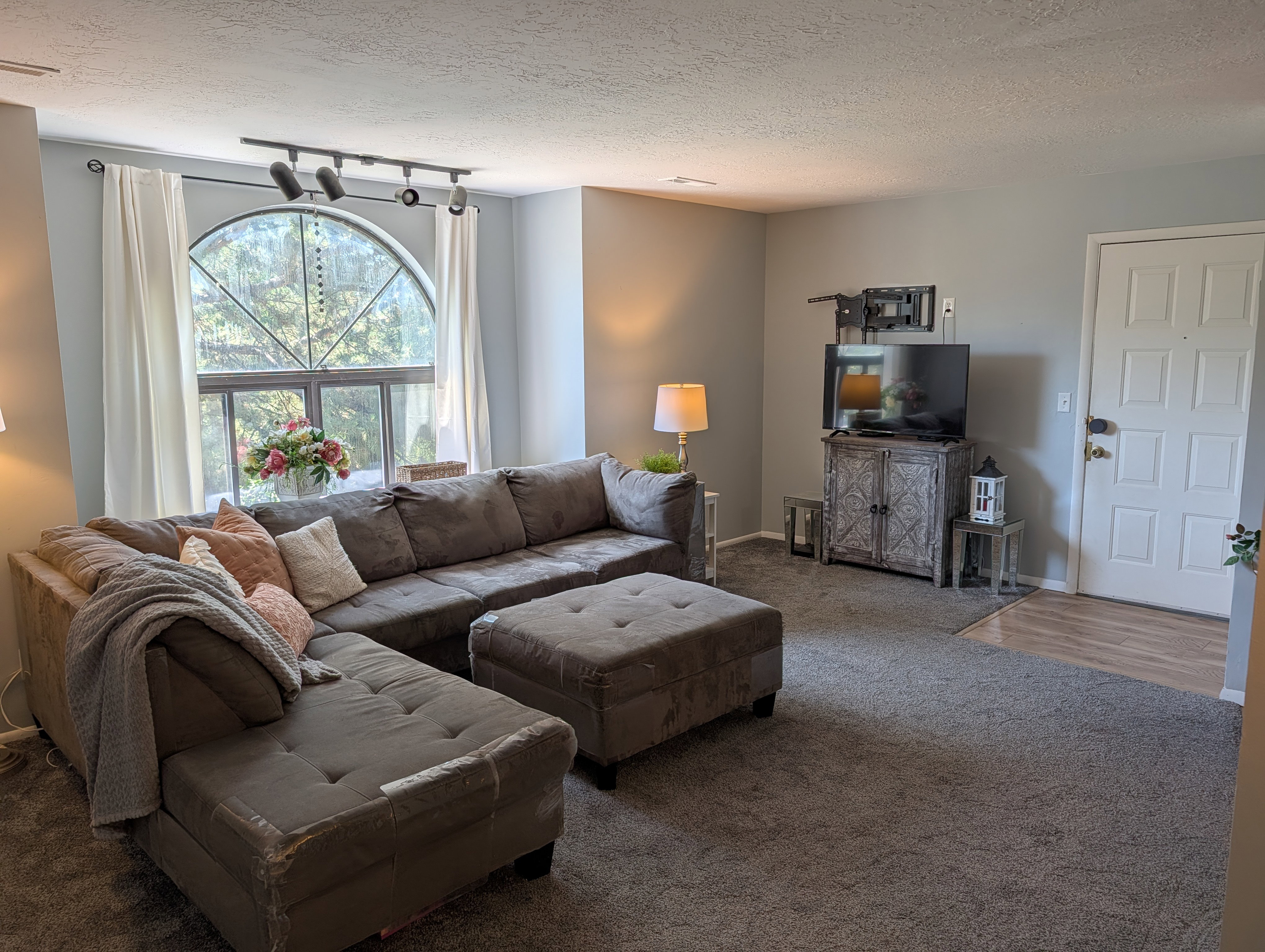 Living area featuring a large arched window with grid detailing, track lighting, and soft gray carpeting