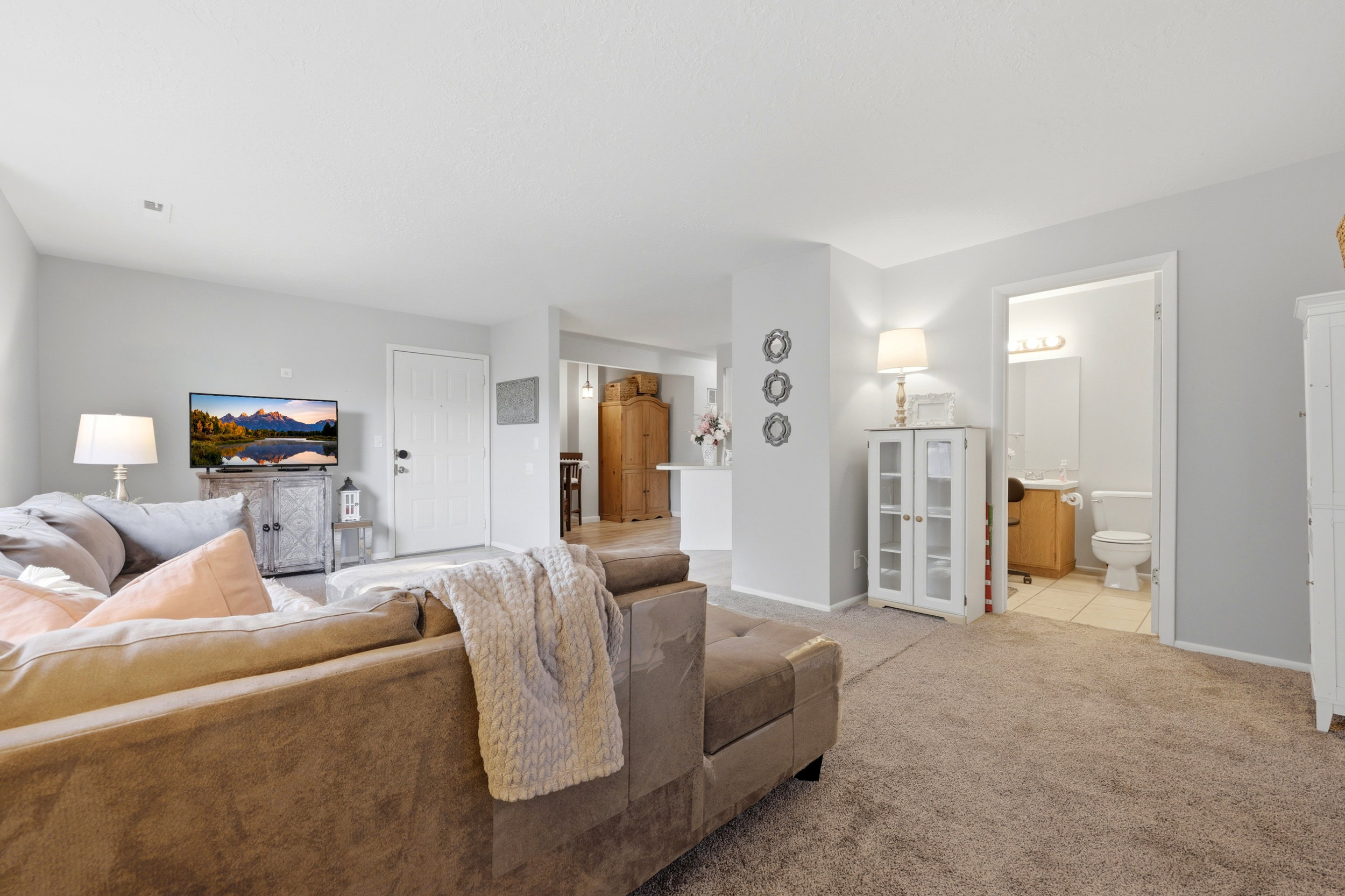 Carpeted living area featuring light gray walls and white trim