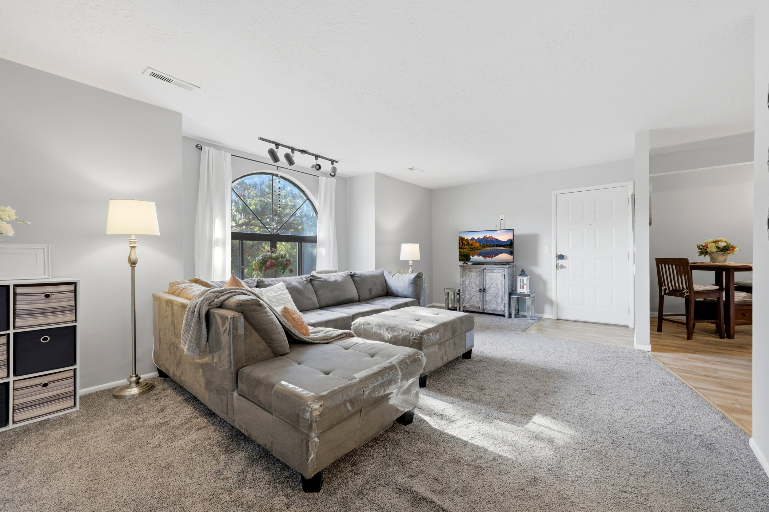 Spacious living area featuring carpet flooring and light gray walls