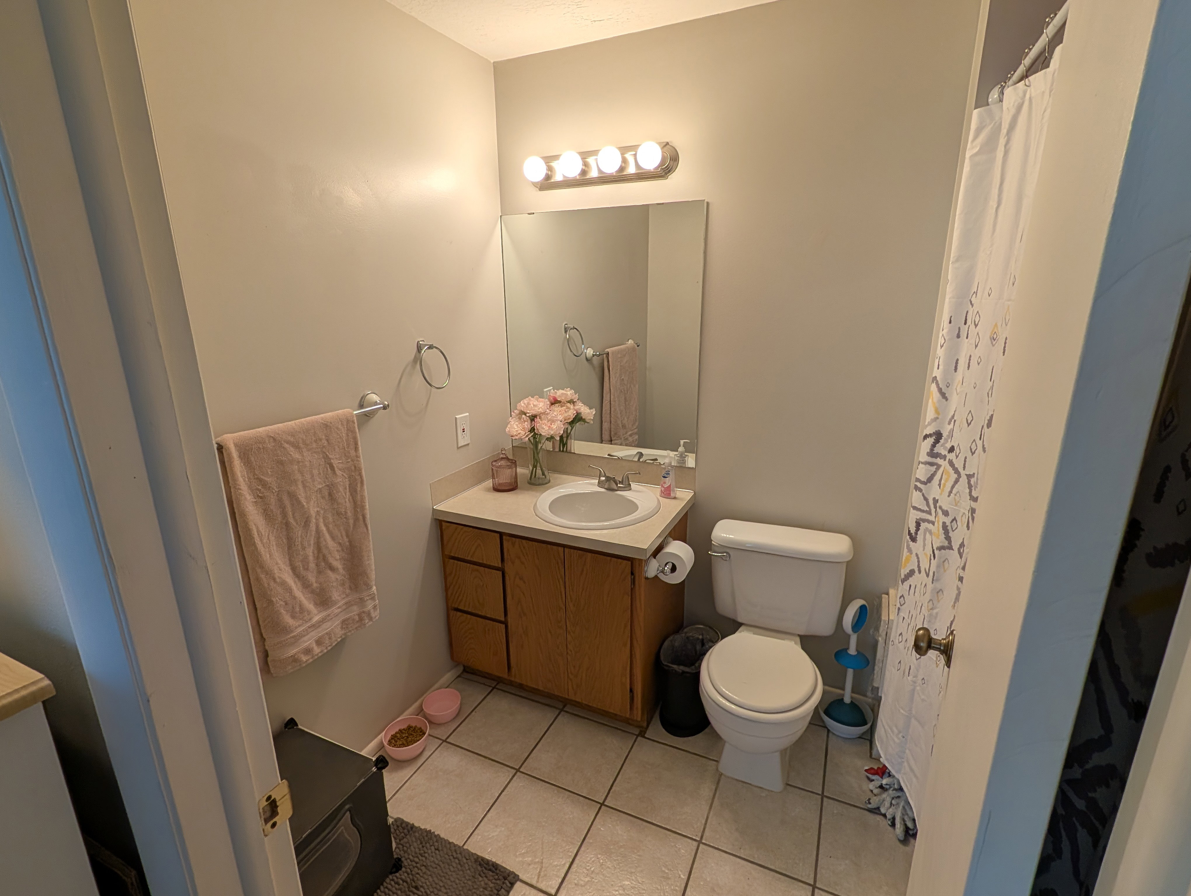 Bathroom featuring a single vanity with wood-finish cabinetry, a built-in sink, and a mirrored medicine cabinet