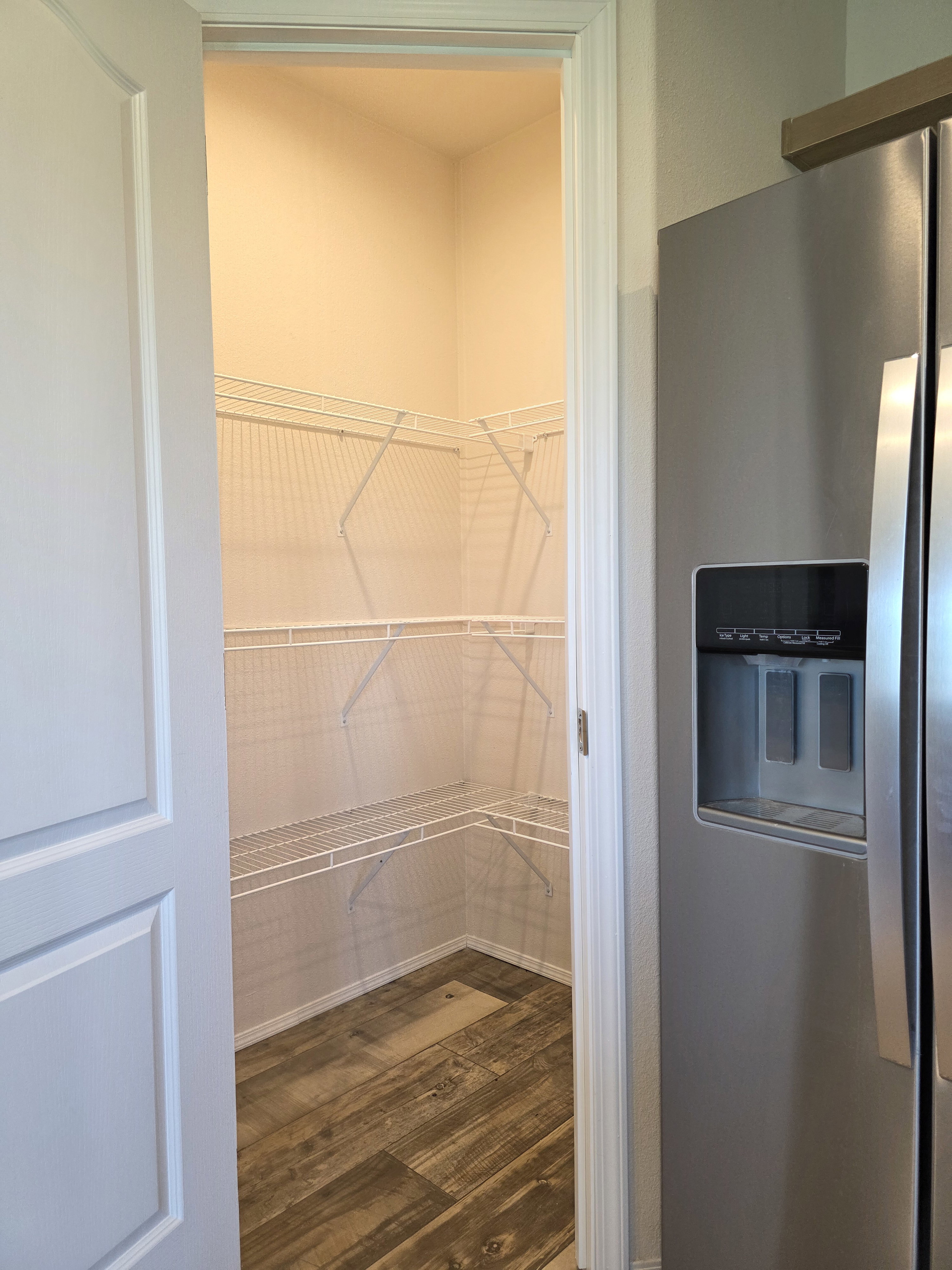 Walk-in pantry featuring wire shelving, wood-finish flooring, and light-toned walls