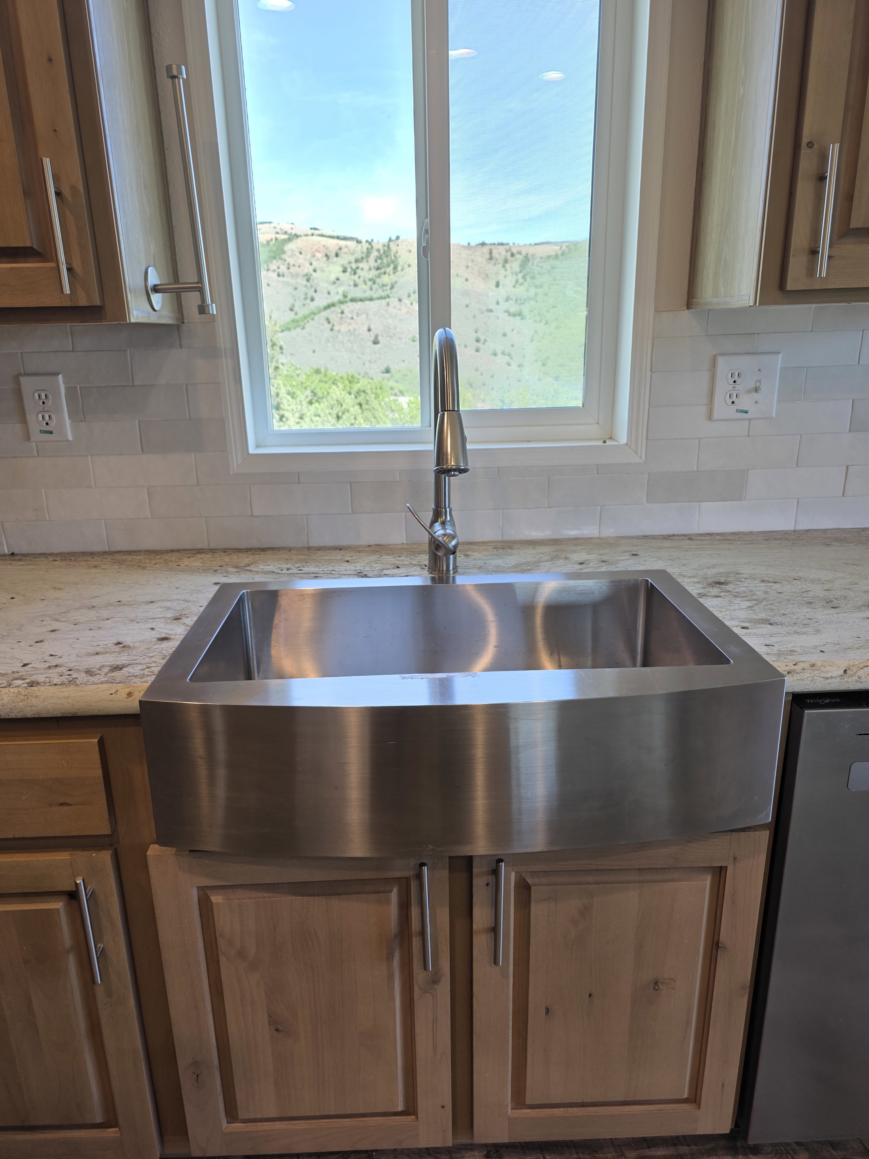 Stainless steel farmhouse sink with a gooseneck faucet
