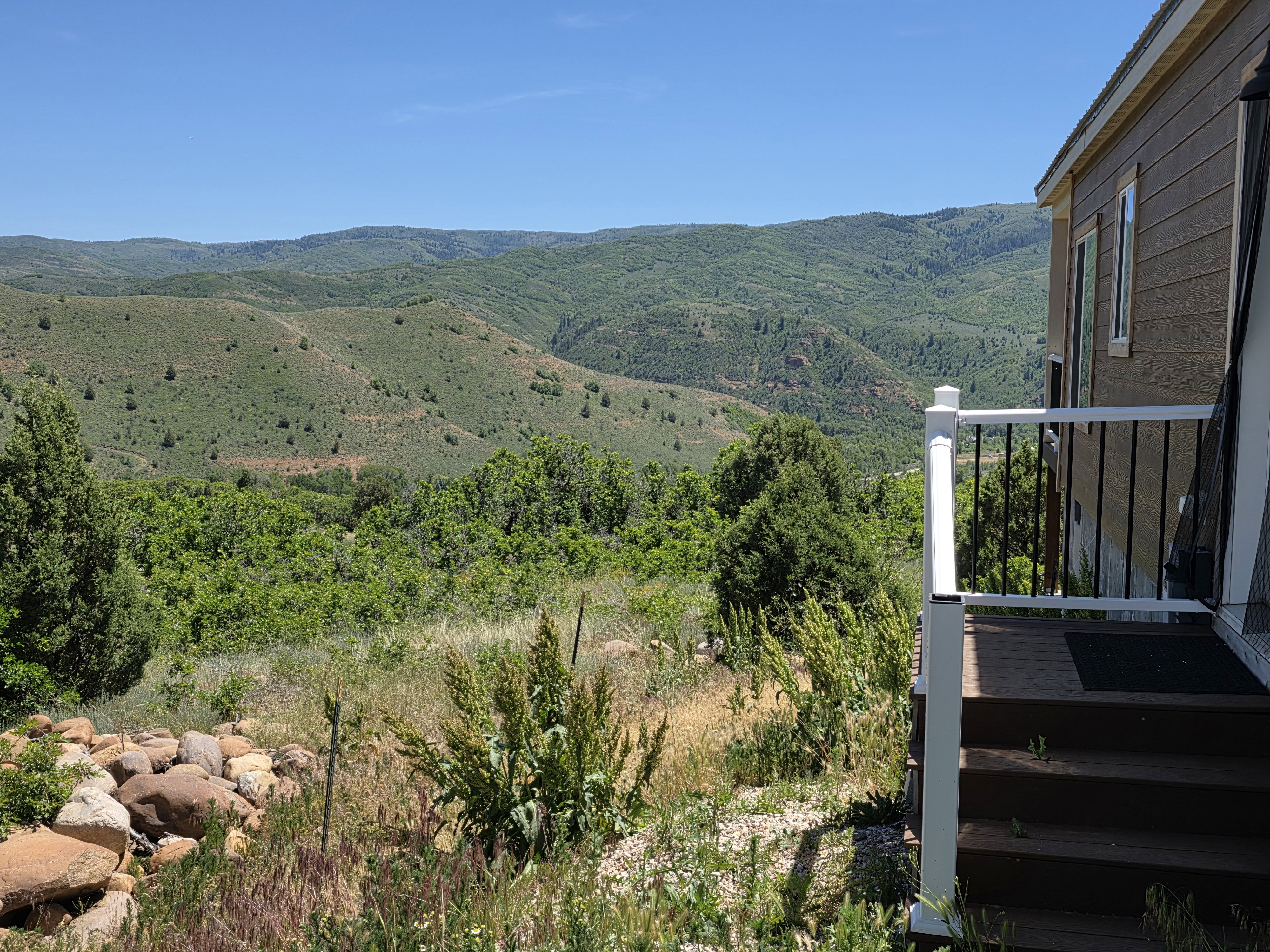Expansive mountain landscape with verdant hillsides, complemented by a composite decking entrance with white railings and black balusters, and horizontal siding on the structure