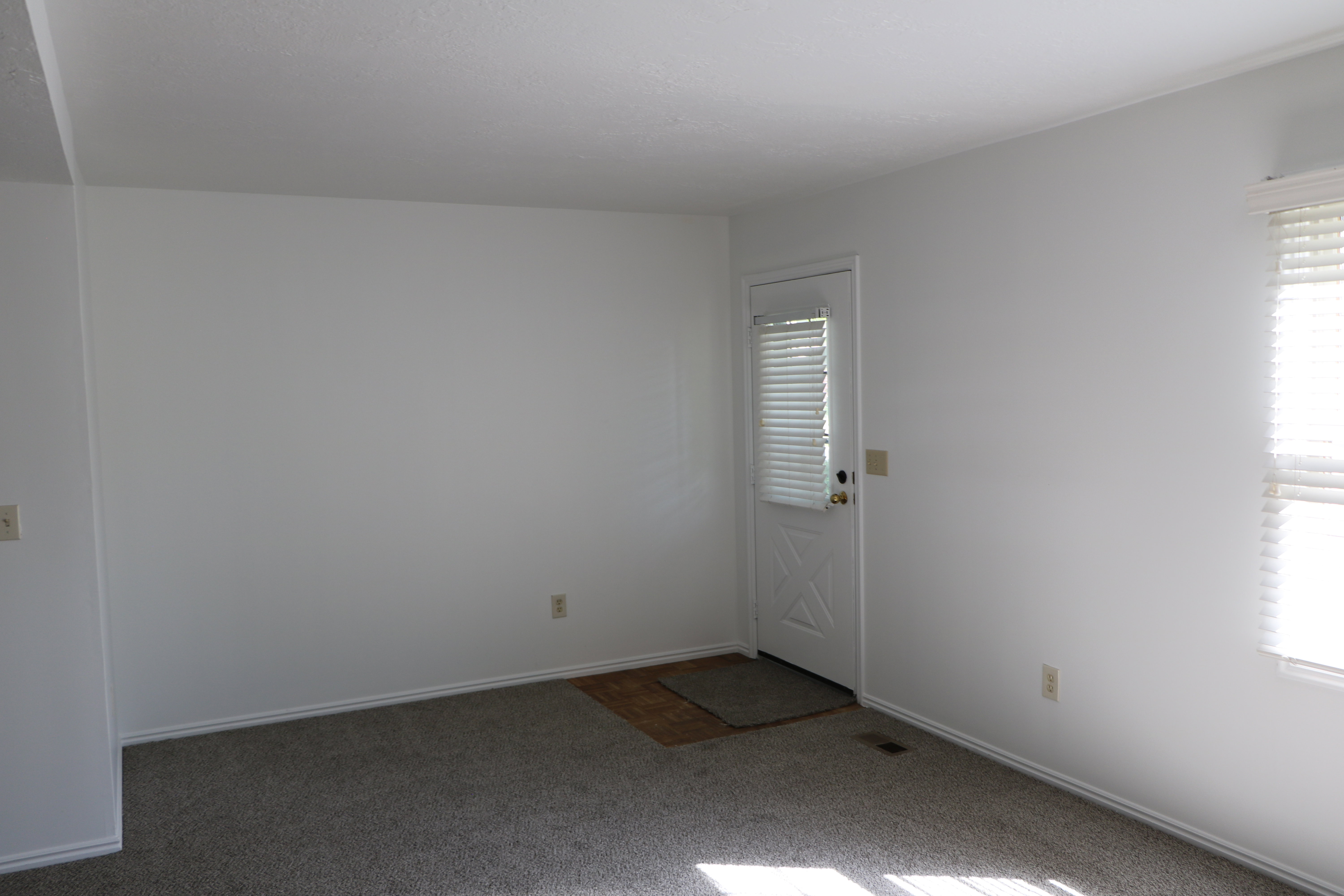 Living area featuring plush carpeting and white painted walls, a white paneled door with integrated blinds, and a window with horizontal blinds