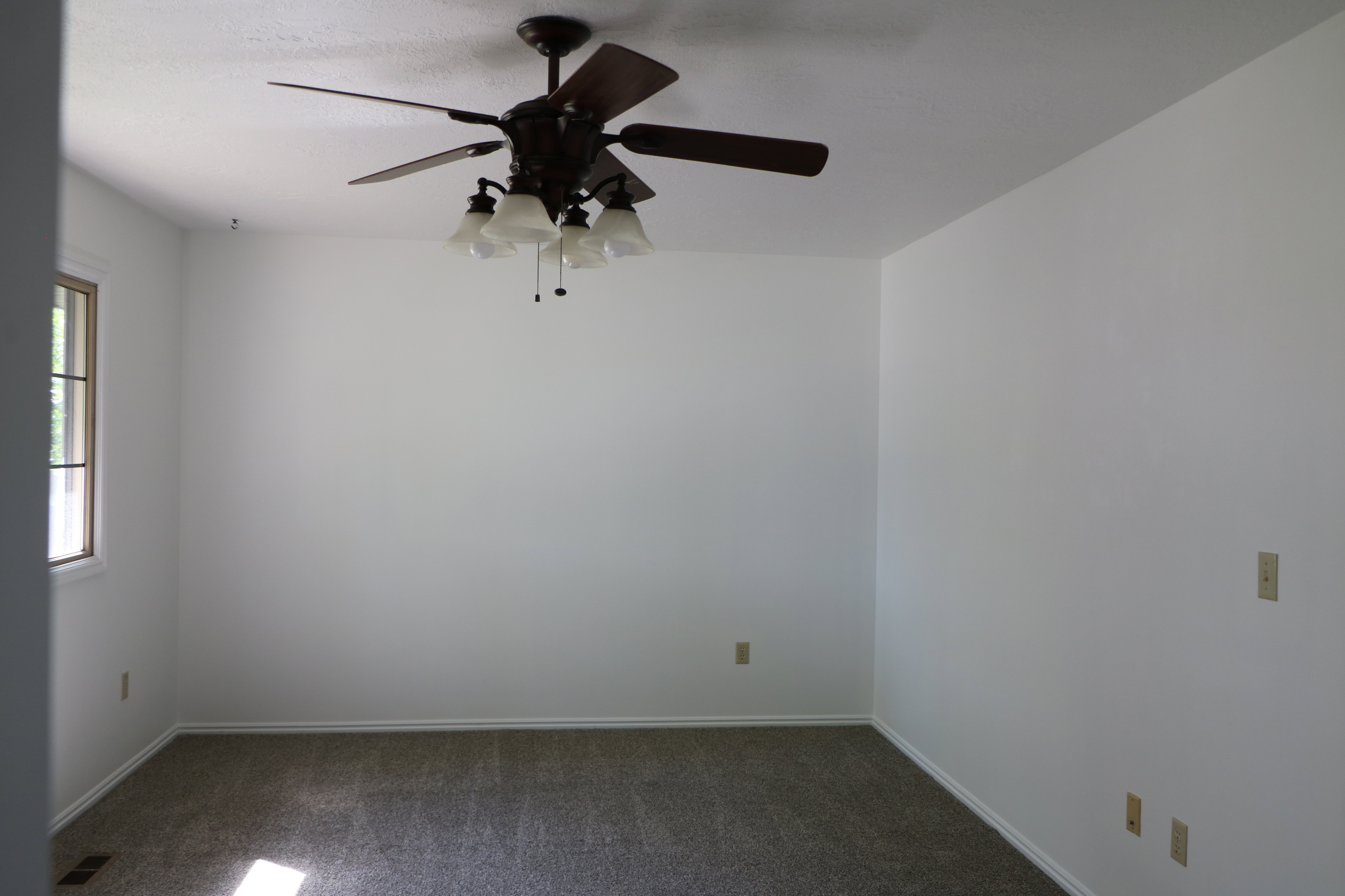 Spacious interior room featuring white walls, textured carpeting, and a ceiling fan with integrated lighting