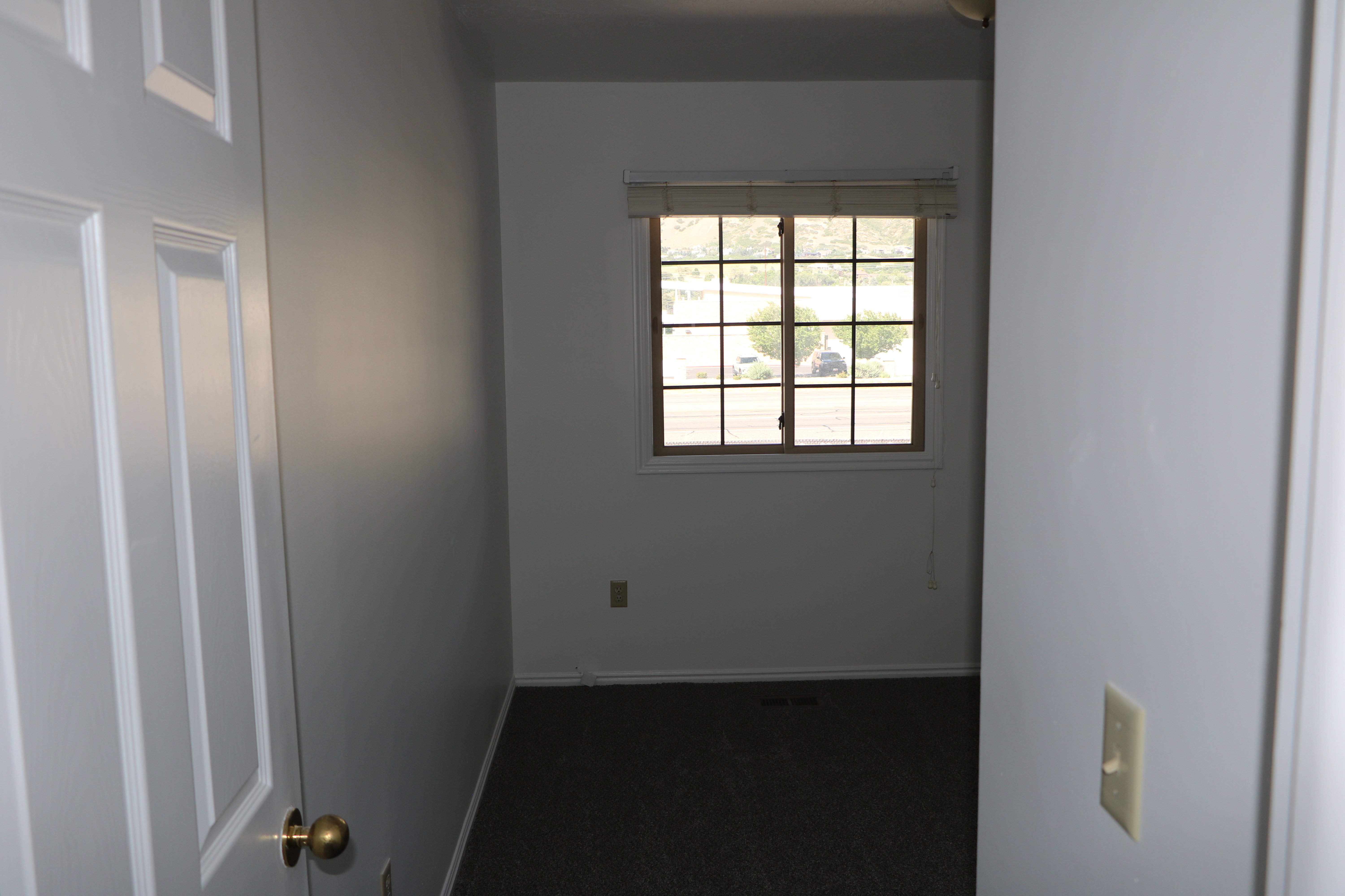 Room featuring a grid-paned window with horizontal blinds, light gray wall paint, and dark carpeting