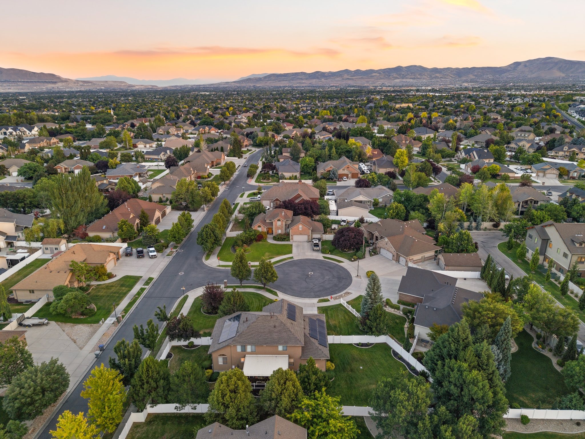 Residential neighborhood with established landscaping and mature trees