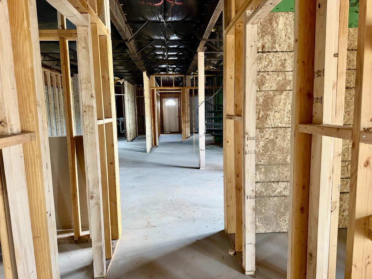Framed interior with visible structural elements