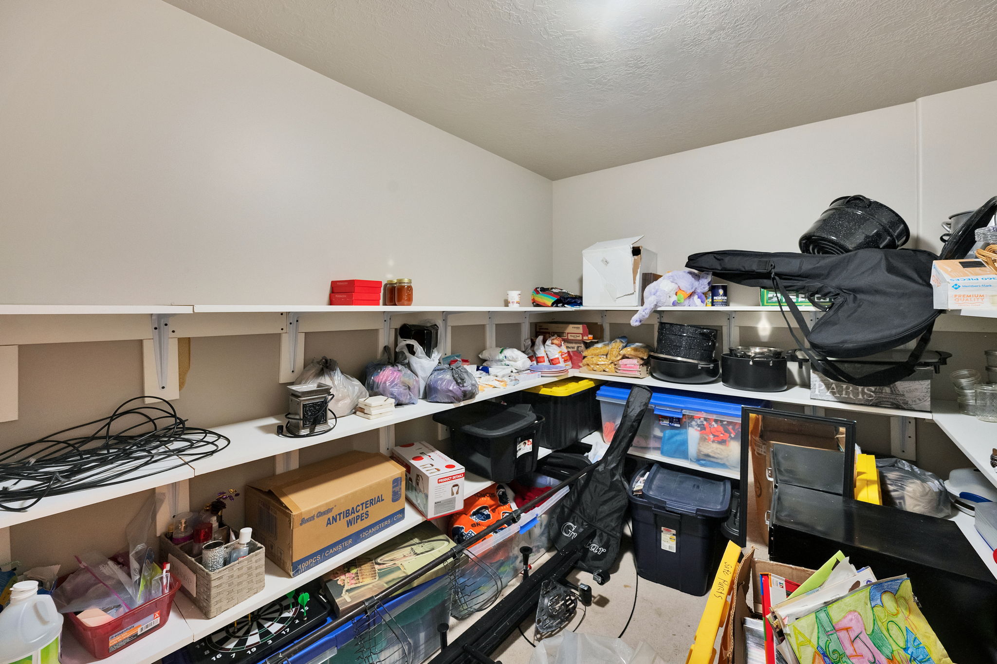 Corner storage room featuring extensive built-in shelving