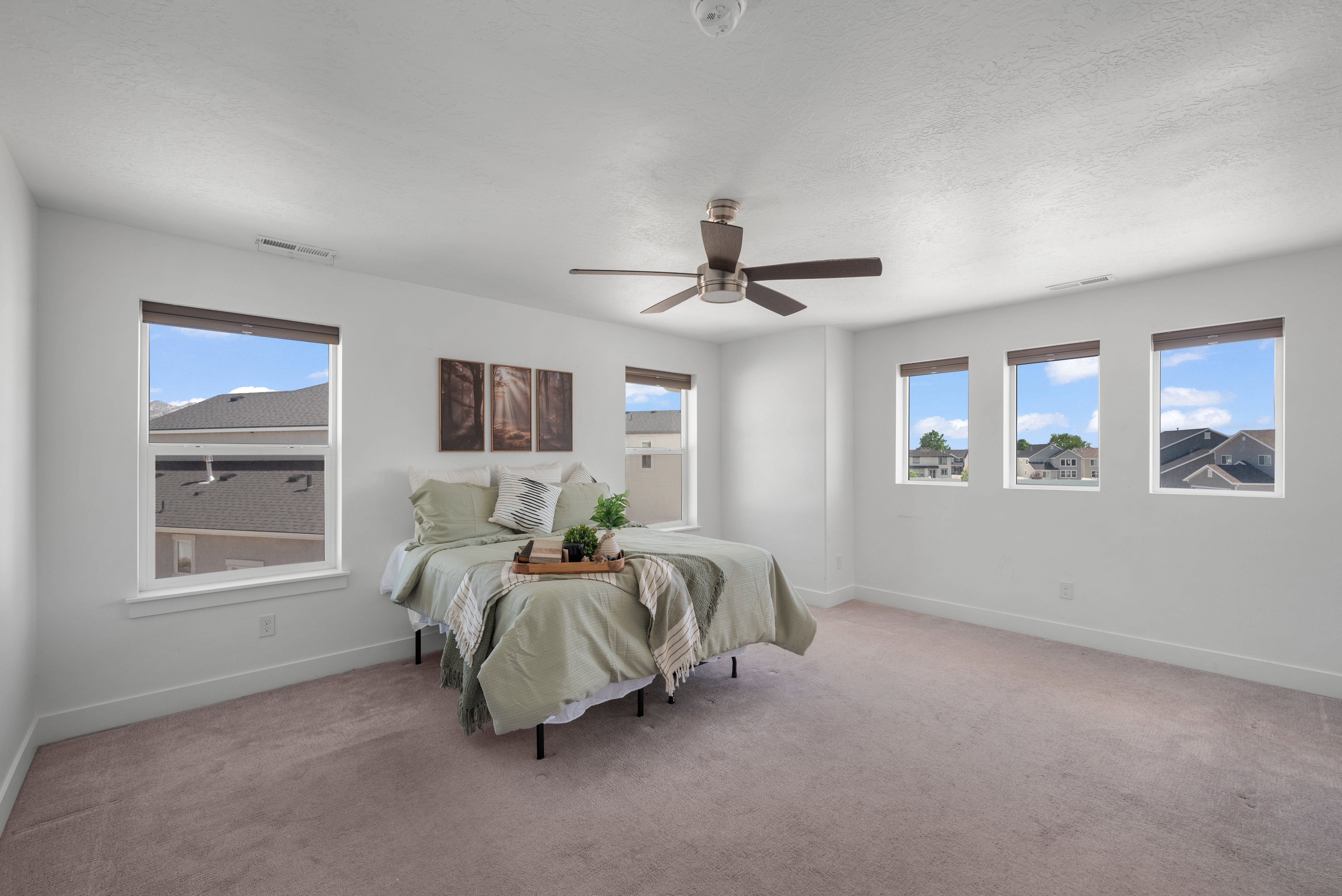 Bright bedroom featuring a ceiling fan, five windows, and neutral carpeting