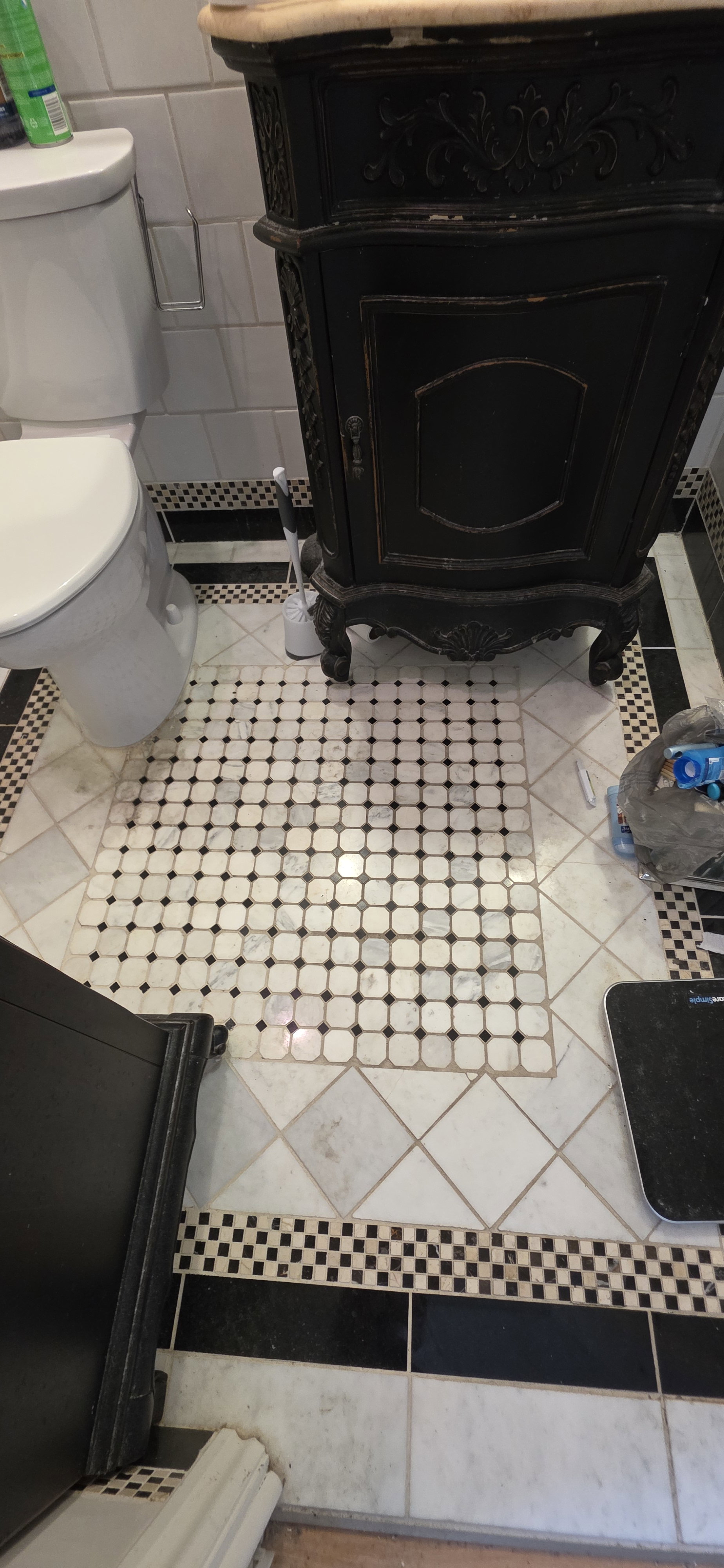 Black and white tiled flooring featuring a central mosaic pattern and checkered border