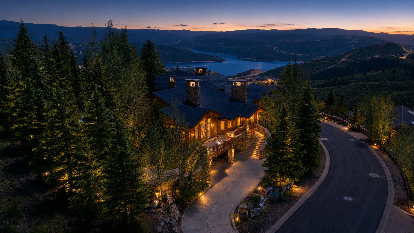 Mountain lodge-style residence with prominent stone chimneys, a dark pitched roof, and timber siding