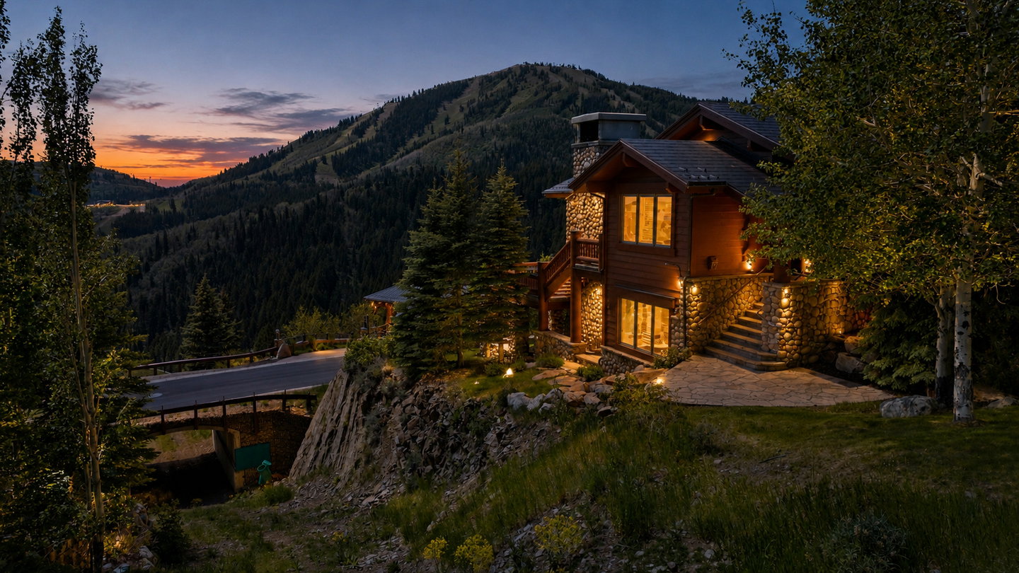 Stone and wood-sided architectural style featuring multiple window banks, a stone chimney, stone retaining walls, and outdoor lighting