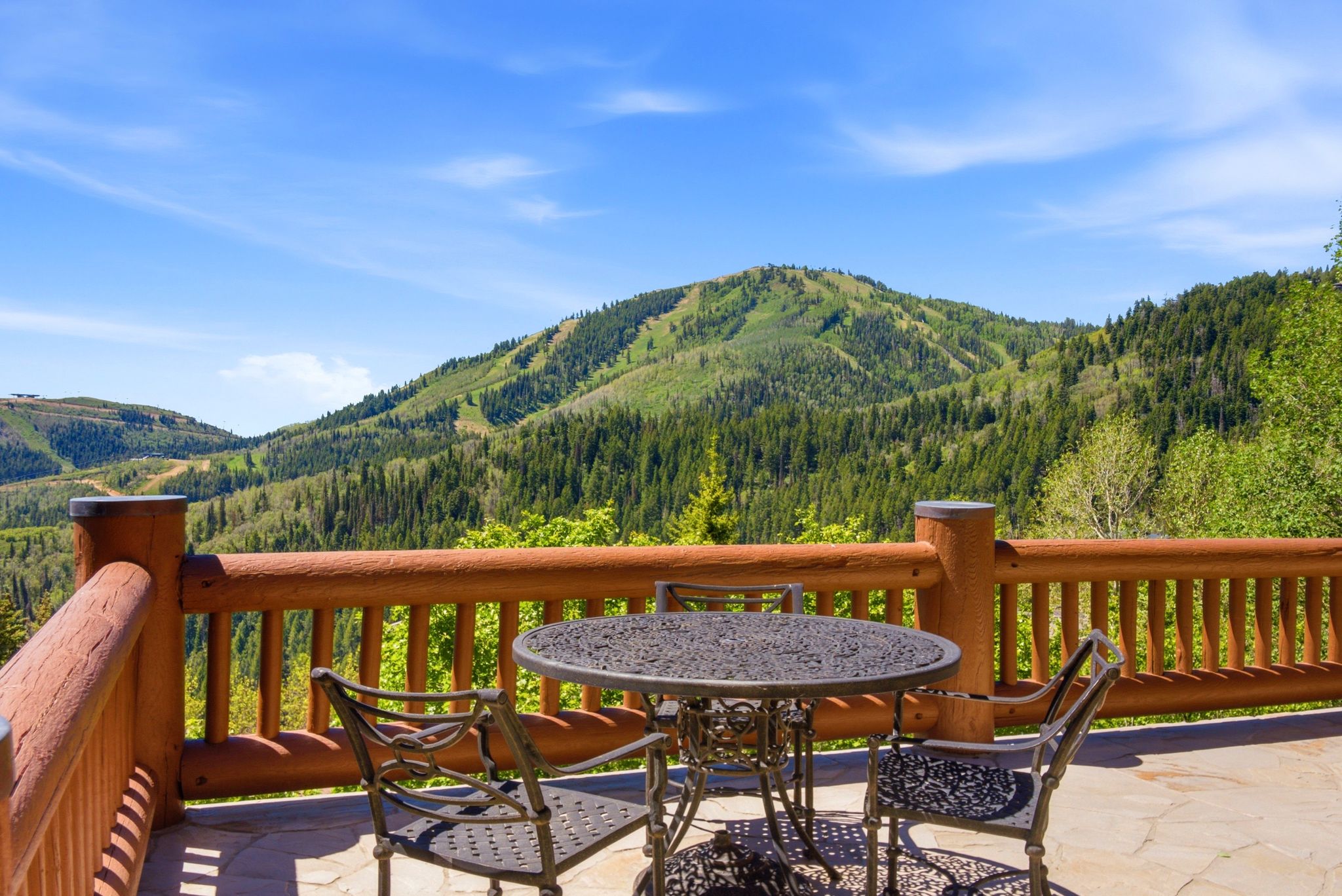 Stone patio with a log-style railing overlooking distant tree-covered mountains