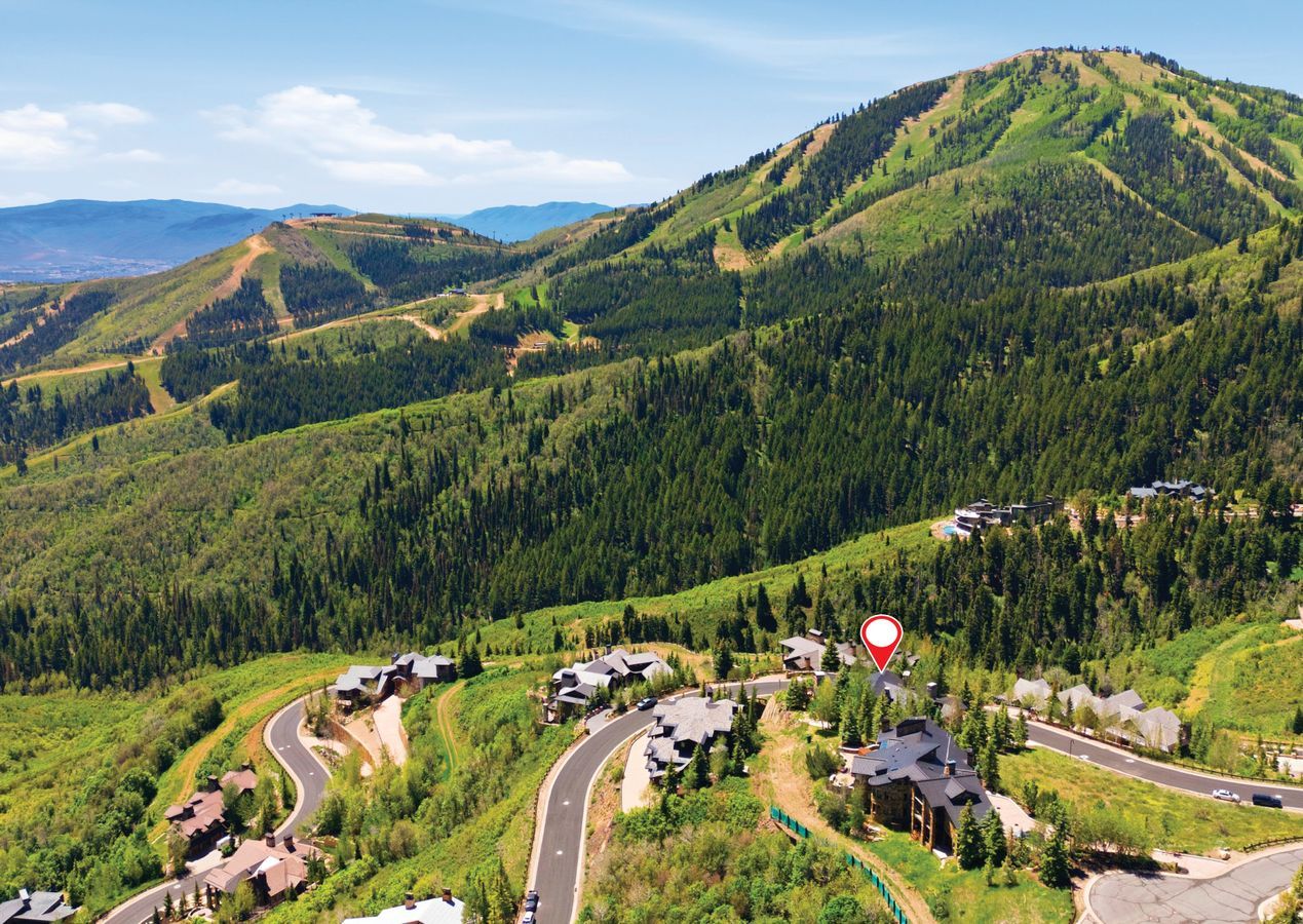 Expansive mountainous terrain featuring evergreen forests and winding paved roads