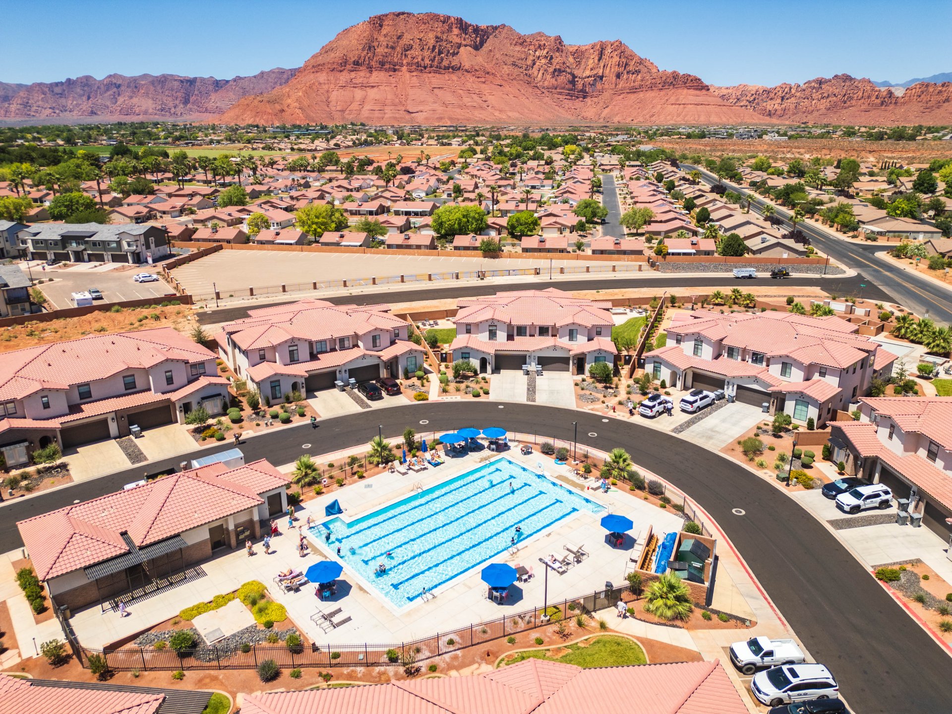 Community swimming pool featuring lap lanes and sun loungers