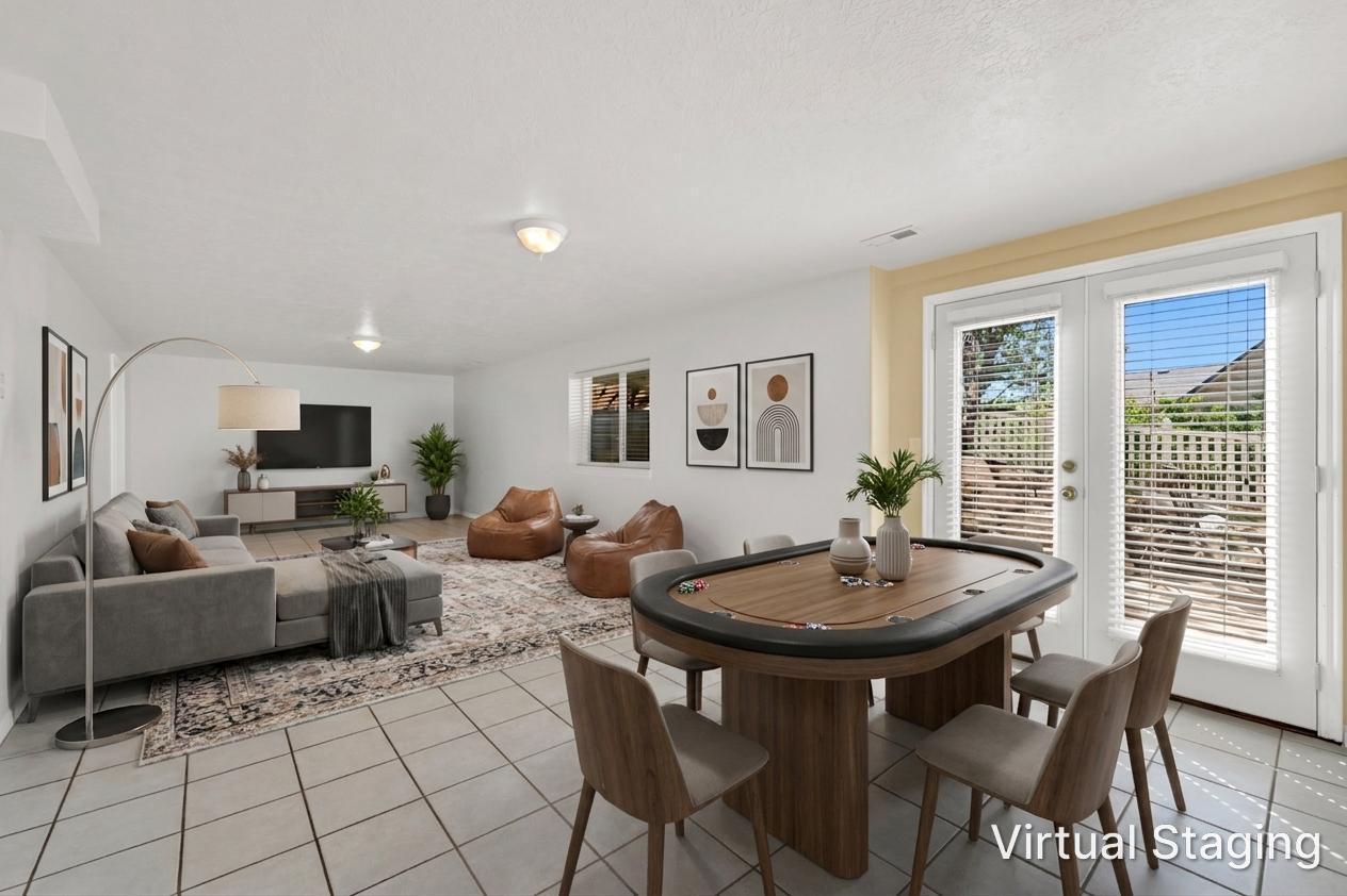 Spacious interior featuring light-toned tile flooring throughout