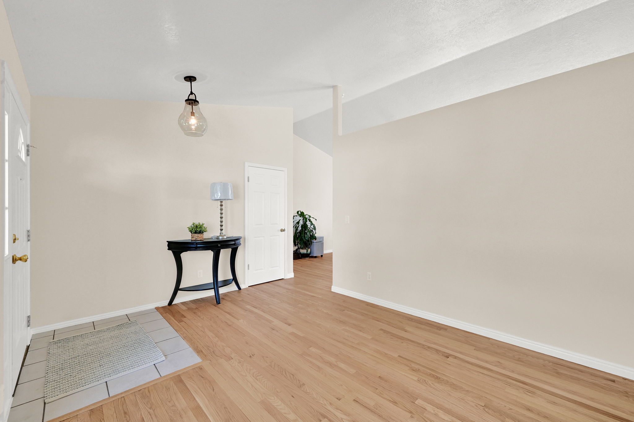 Entryway with wood-finish flooring and a tiled landing