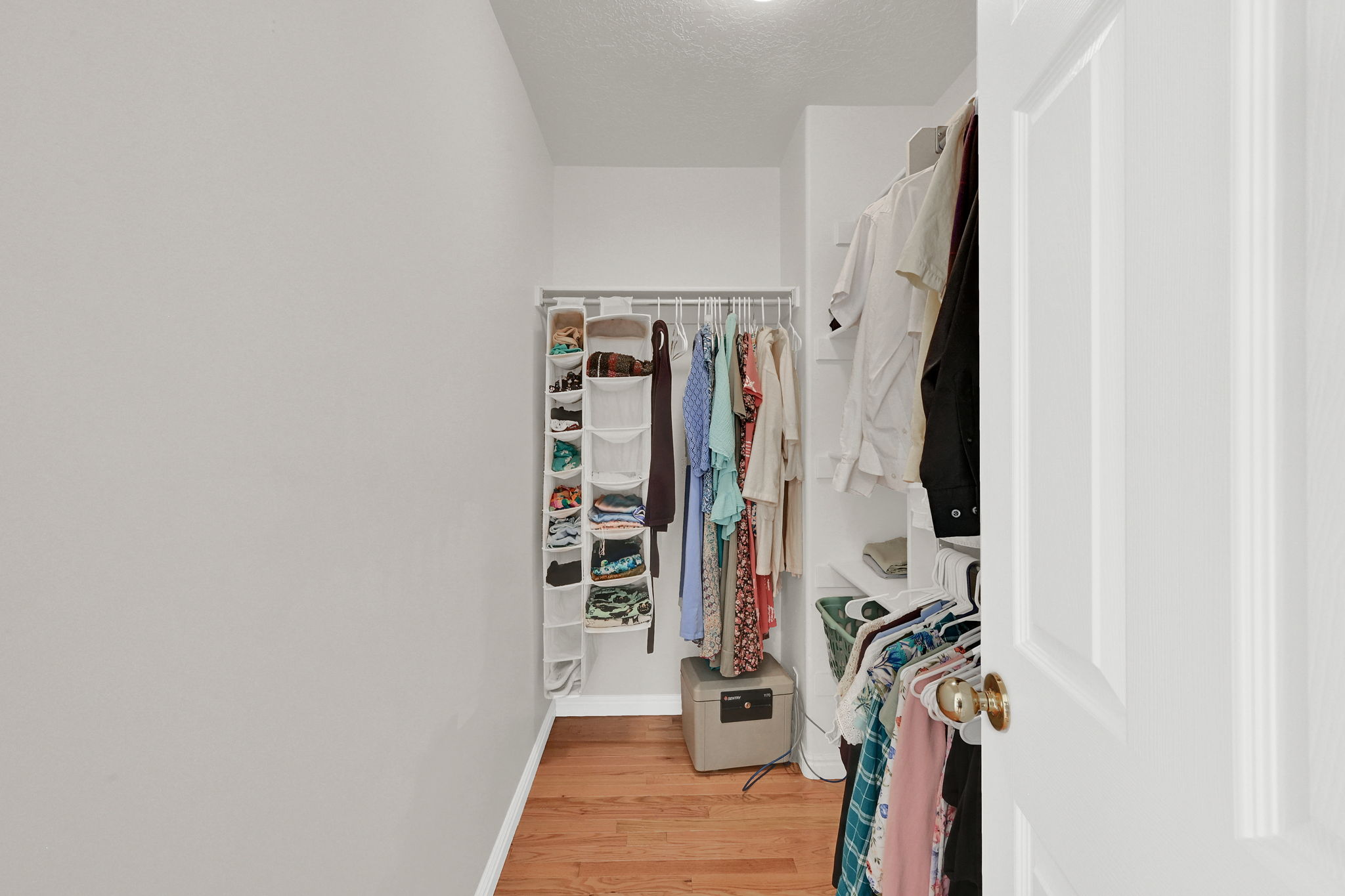 Walk-in closet featuring wood-finish flooring, white walls, and built-in shelving
