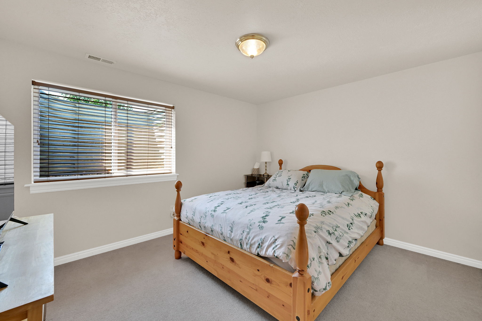 Carpeted bedroom with a large window featuring blinds, white trim, and a built-in ceiling light fixture