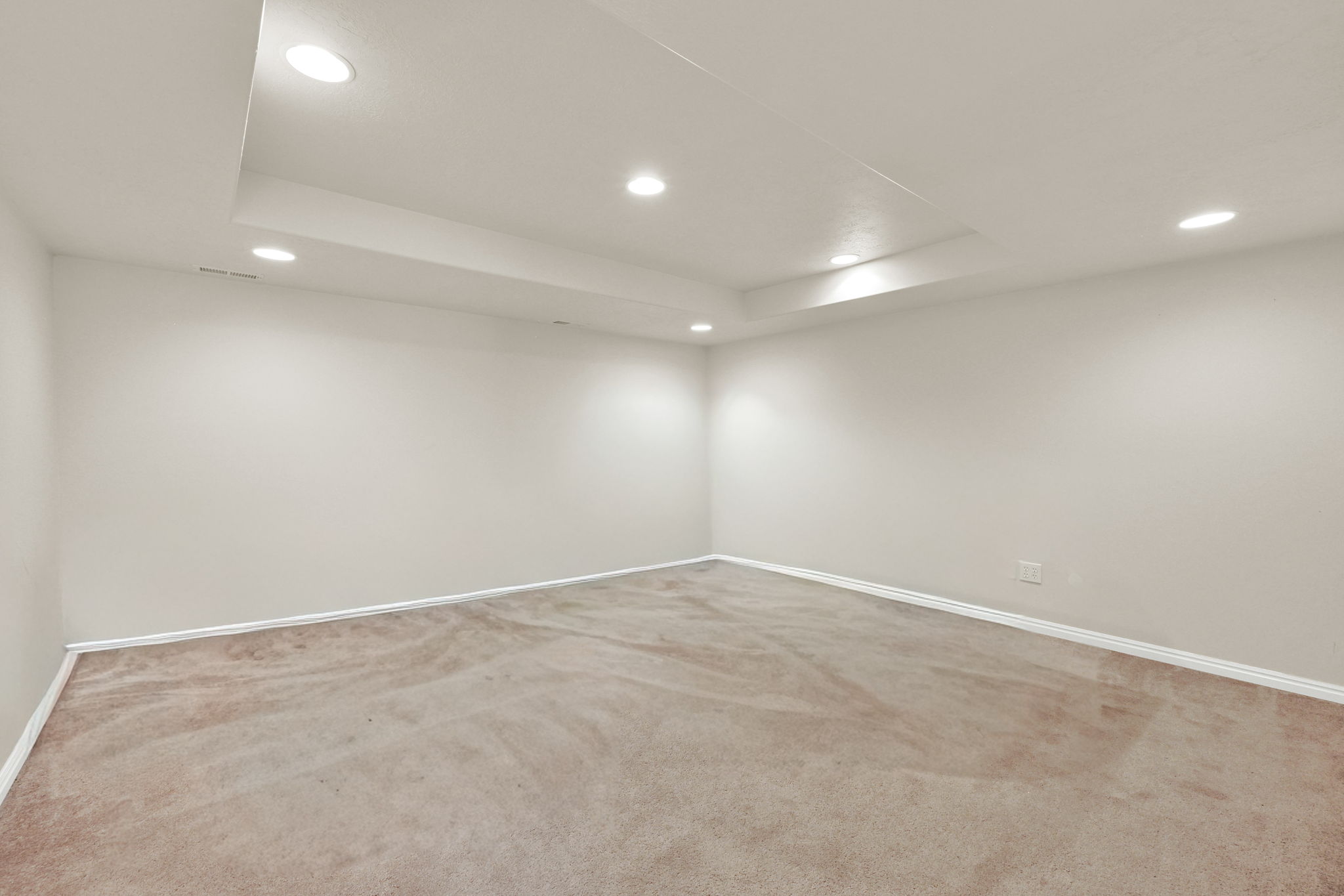 Spacious room featuring neutral carpeting, light-toned walls, and recessed lighting