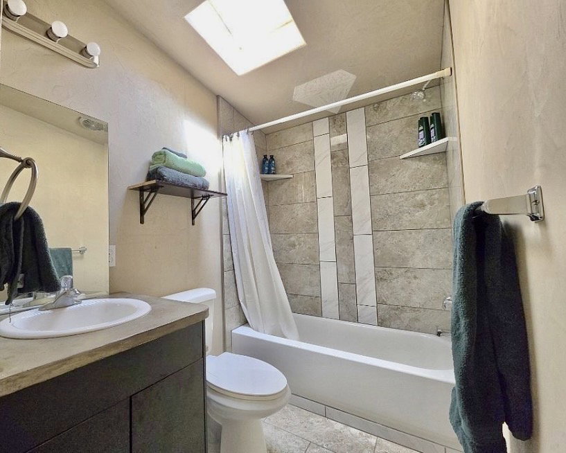 Bathroom featuring a skylight, a vanity with an integrated sink, and a combination tub and shower