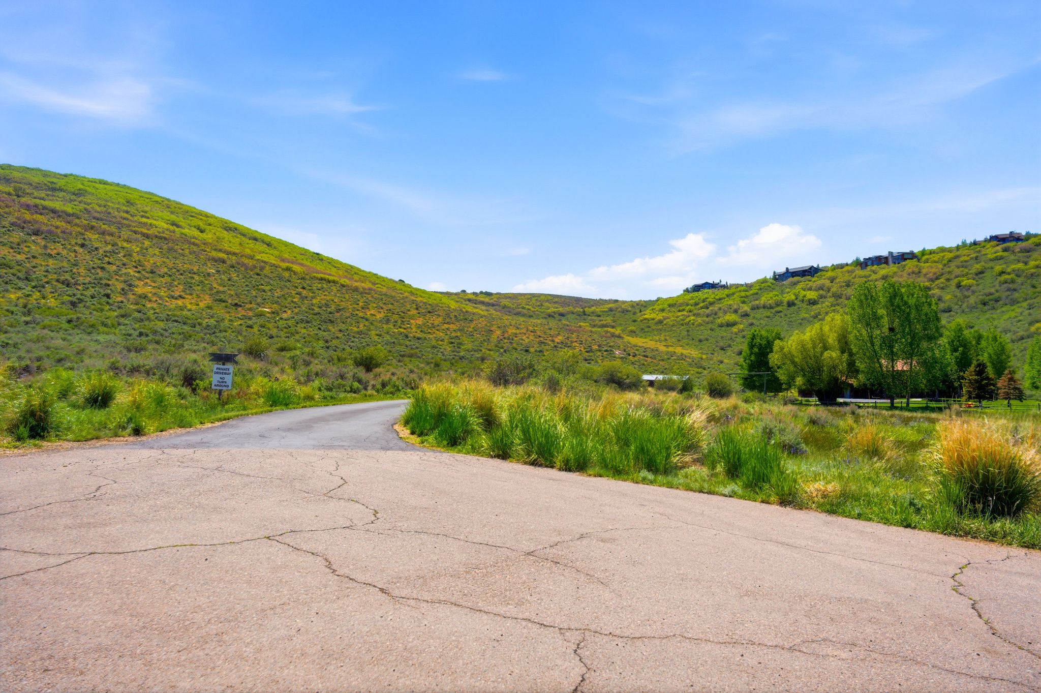 Paved road extending through rolling hills with vibrant green vegetation