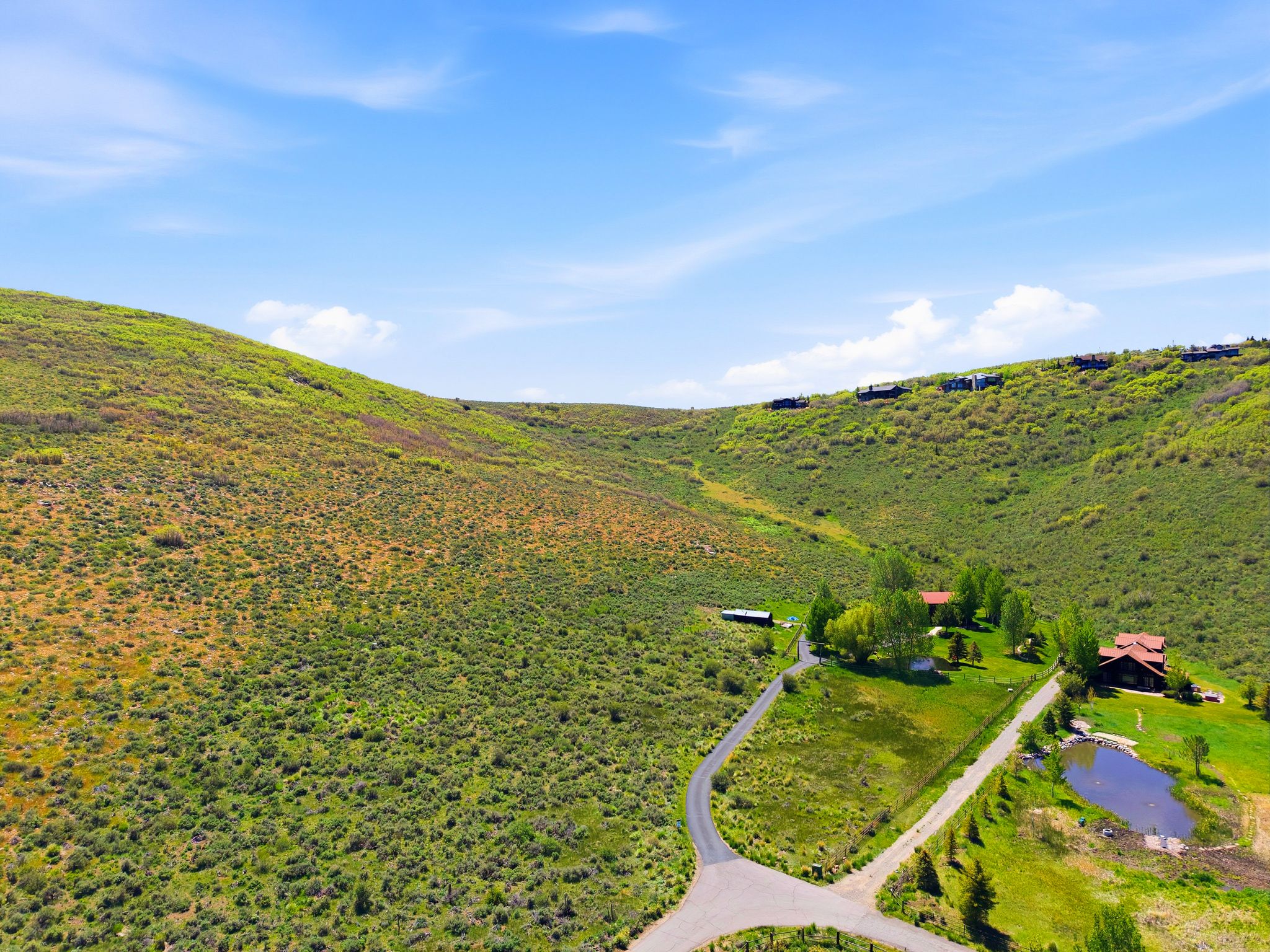 Expansive hillside property featuring a private driveway, a natural pond, and mature trees surrounding the main residence
