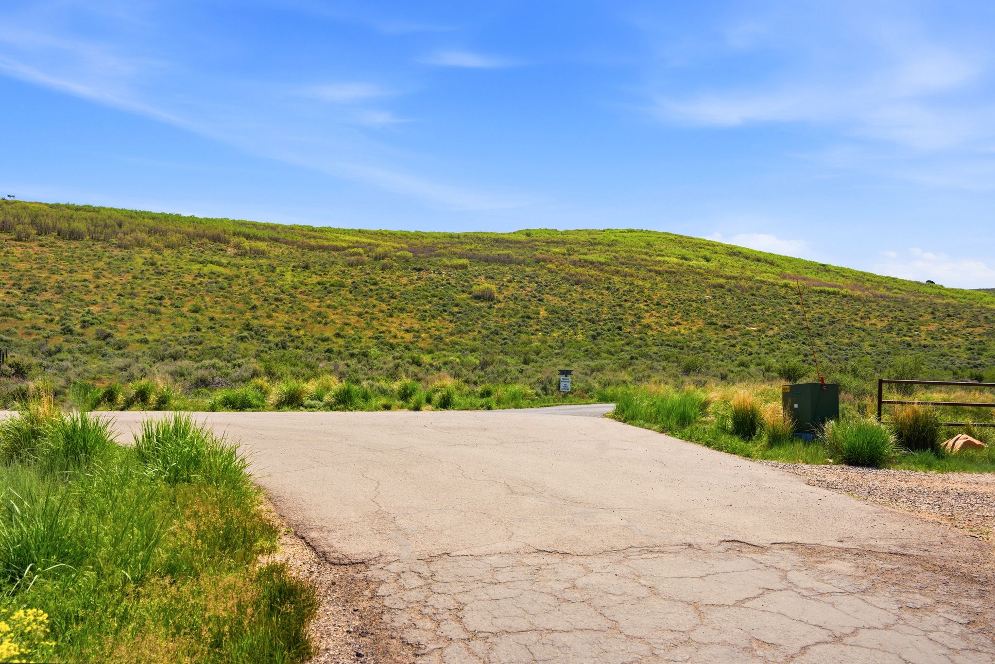 Paved driveway with gravel shoulder, framed by natural grasses and distant rolling hills