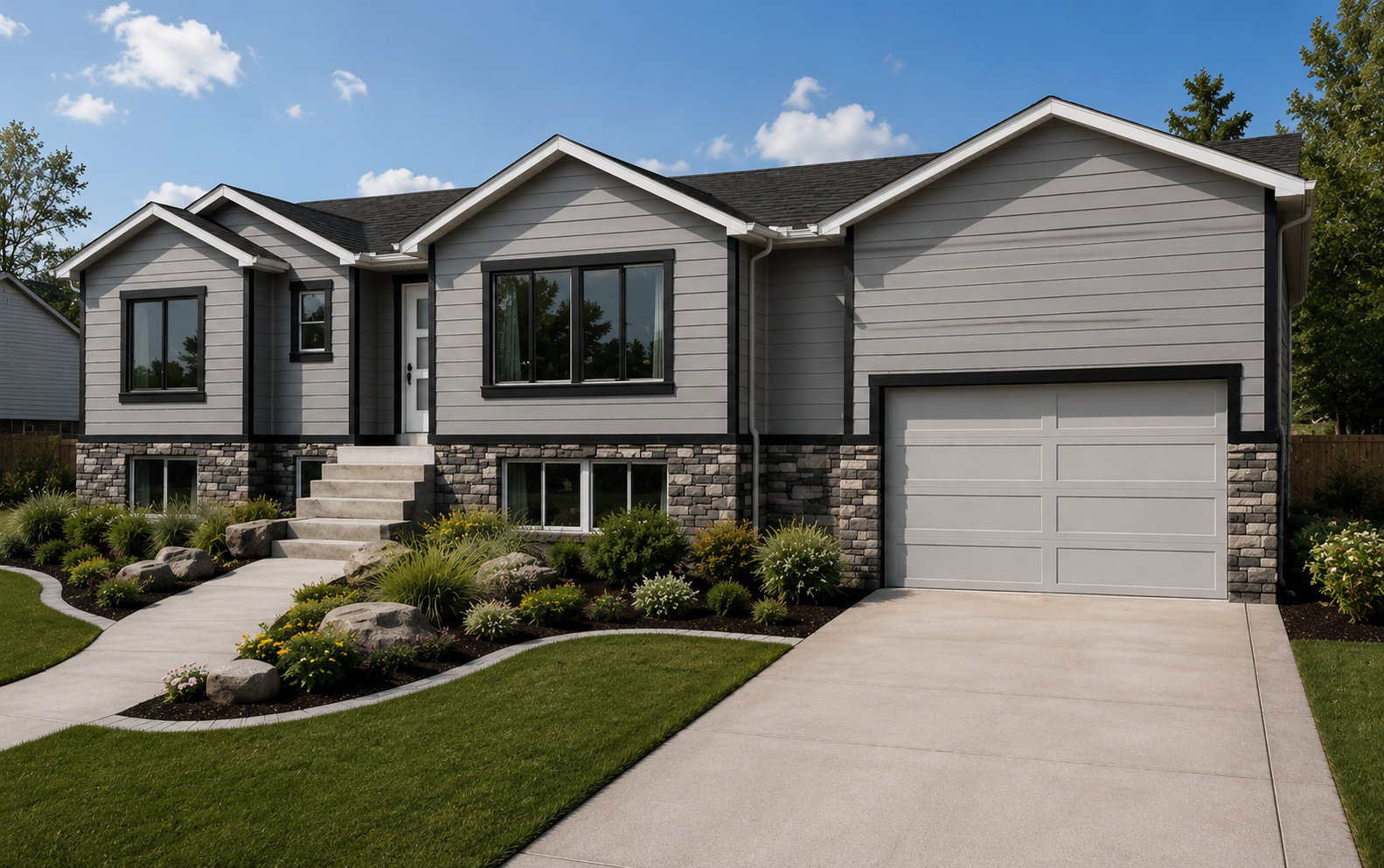 Contemporary split-level residence featuring gray horizontal siding and a stone facade