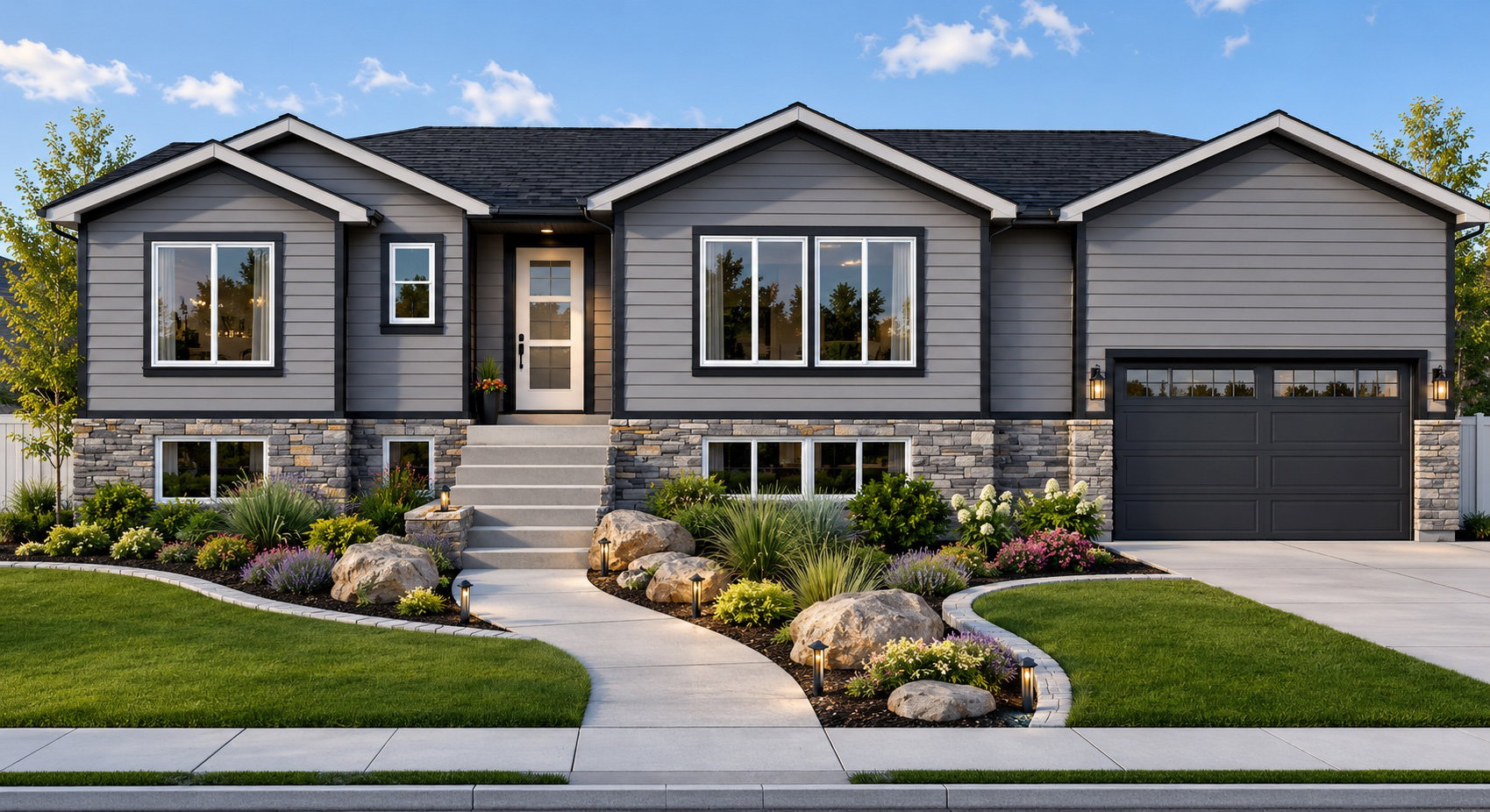 Modern gray siding exterior with stone accents, a landscaped front yard, a concrete pathway to the entry, a two-car garage with transom windows, and a white front door