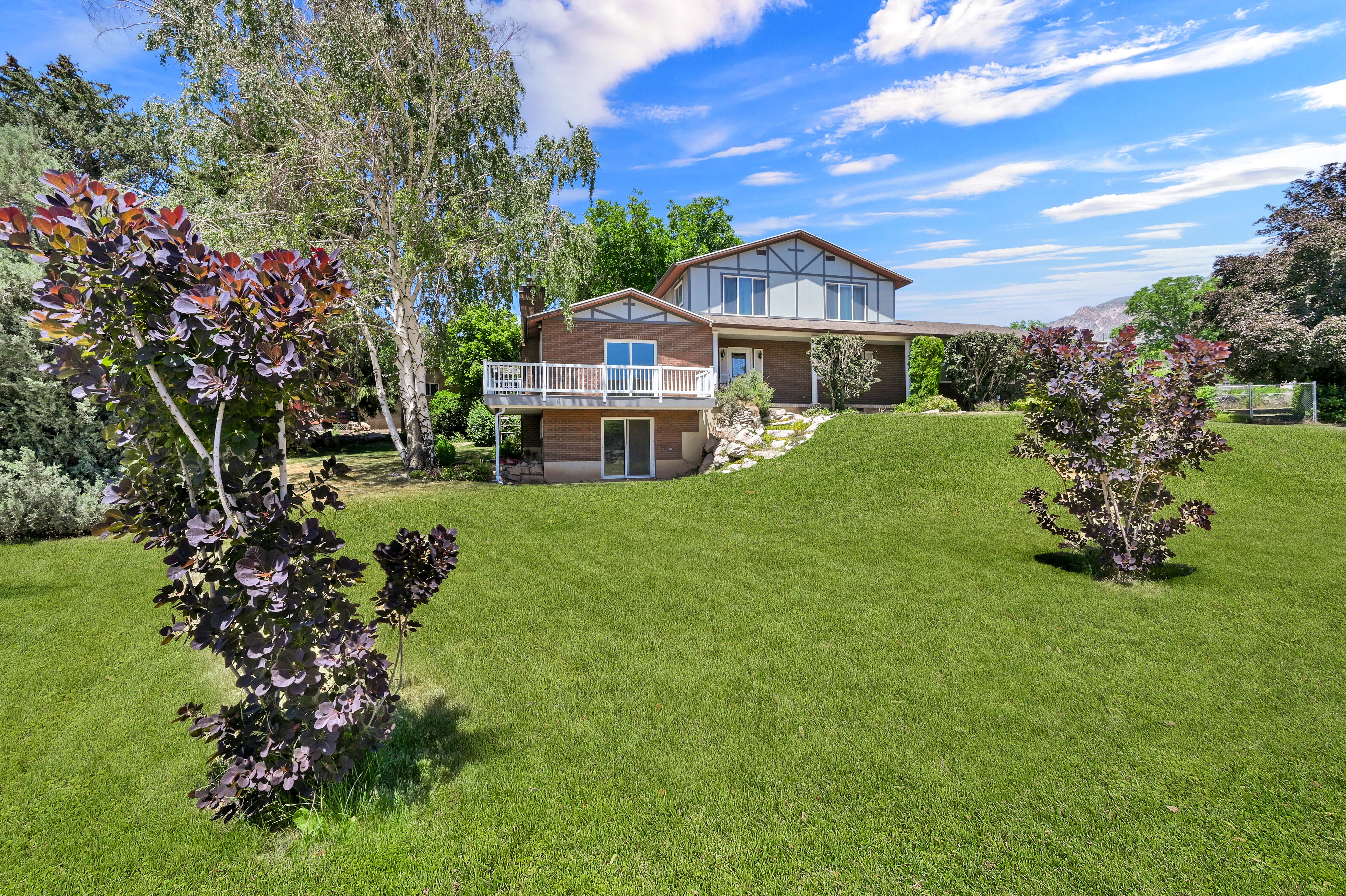 Extensive green lawn with mature trees and established landscaping