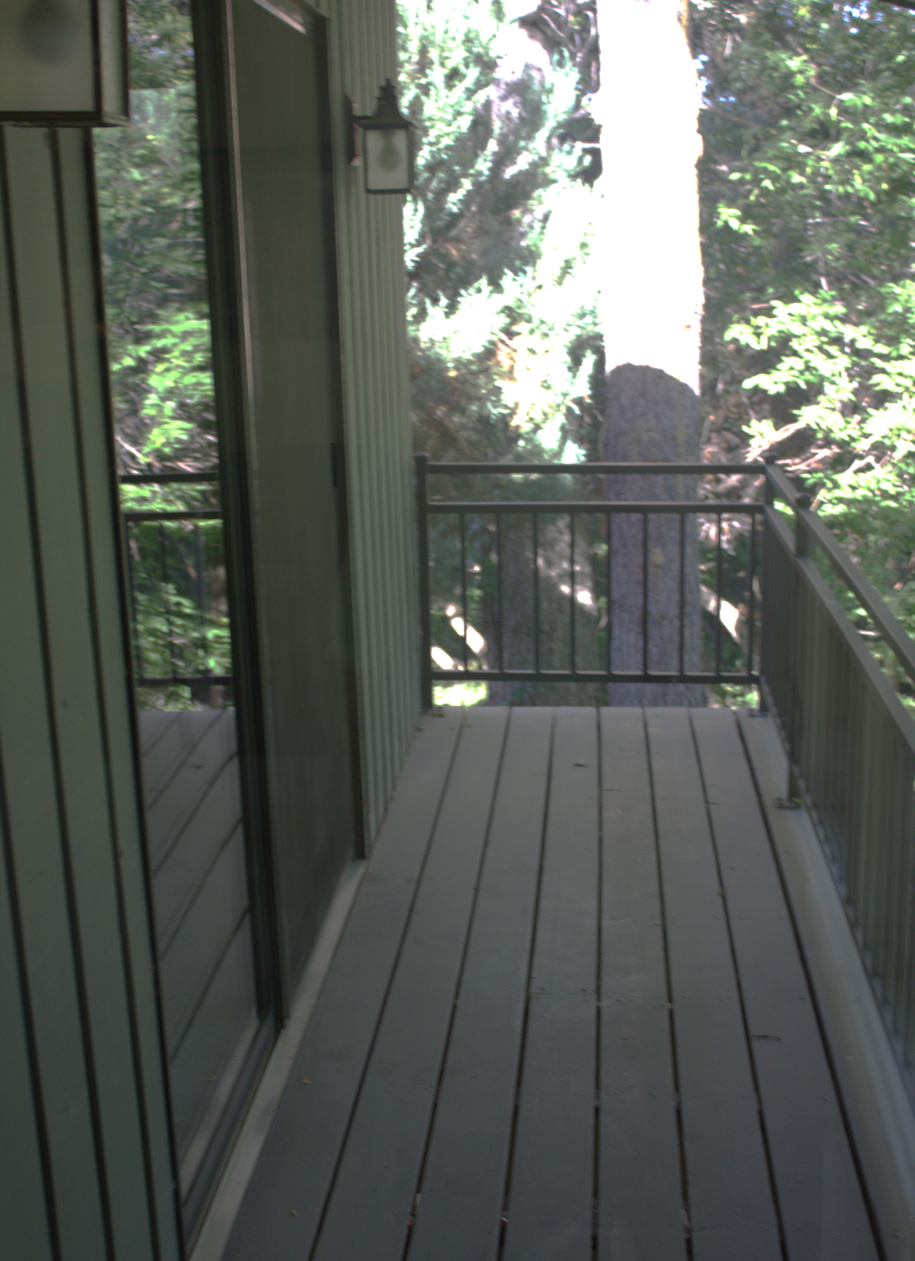 Exterior balcony featuring dark composite decking, black metal railings, and a sliding glass door