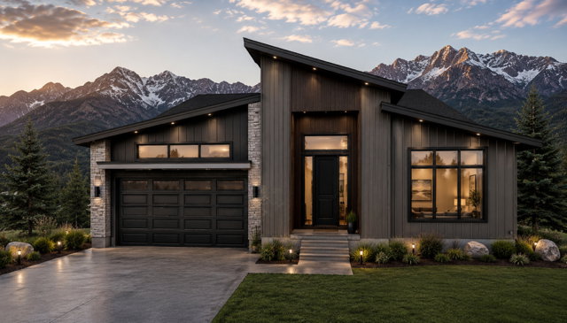 Contemporary architectural residence featuring a prominent slanted roofline, dark vertical siding, and stone accents