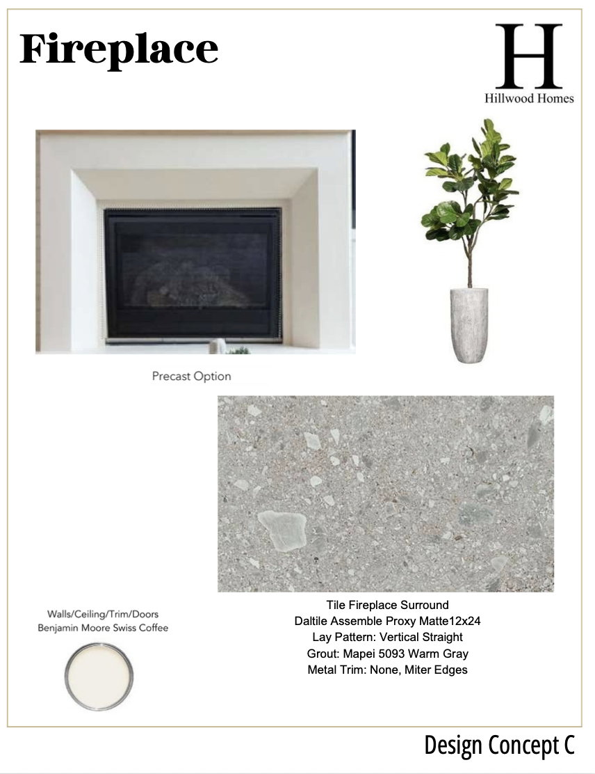 Design Concept C. Detailing fireplace specifications and material selections for the property