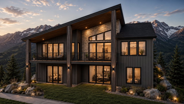 Contemporary mountain home featuring expansive windows, two levels of outdoor balconies with metal railings, a stone facade accent, and wood-finish support beams