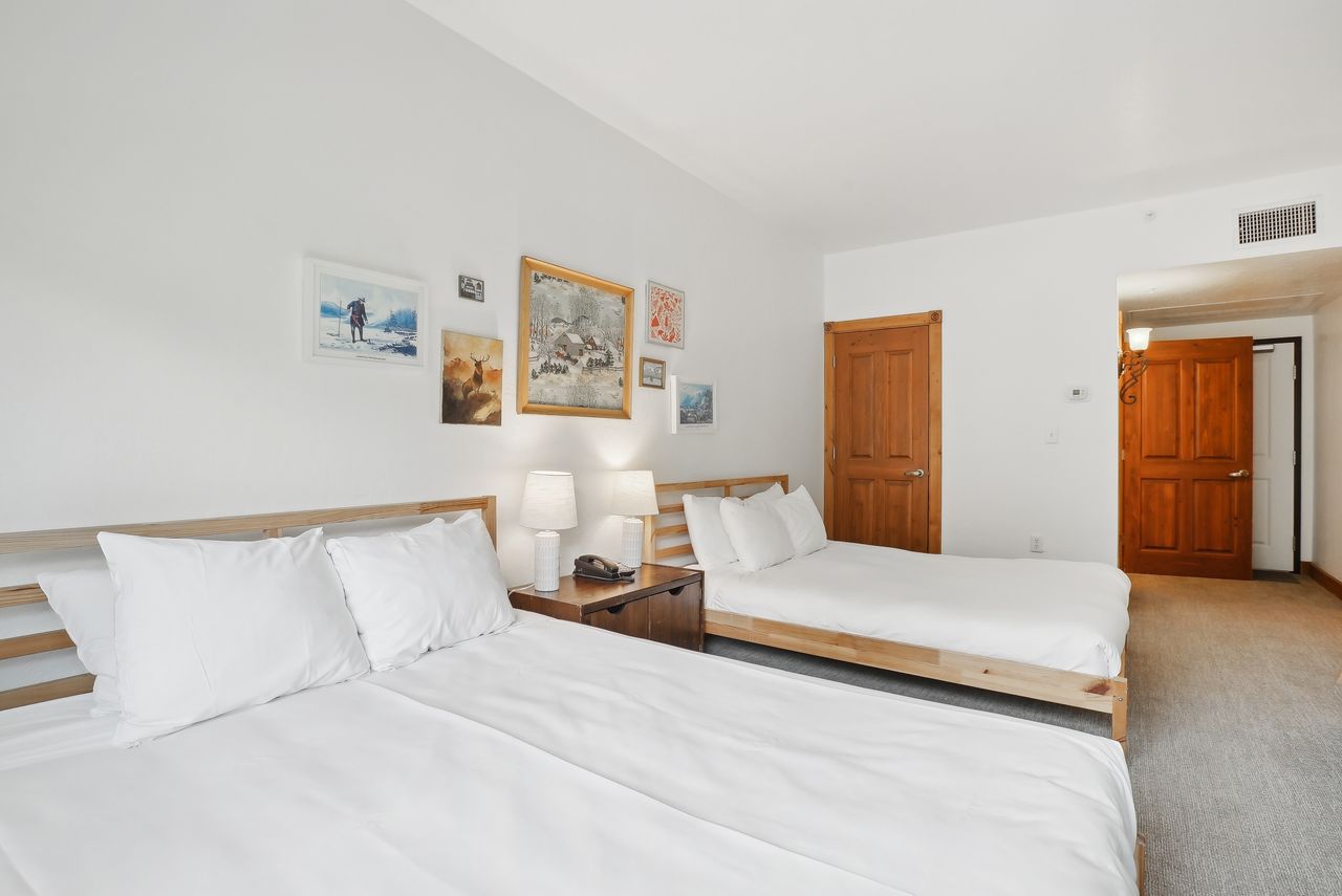 Bedroom featuring two platform beds, wood-finish interior doors, and neutral carpeting